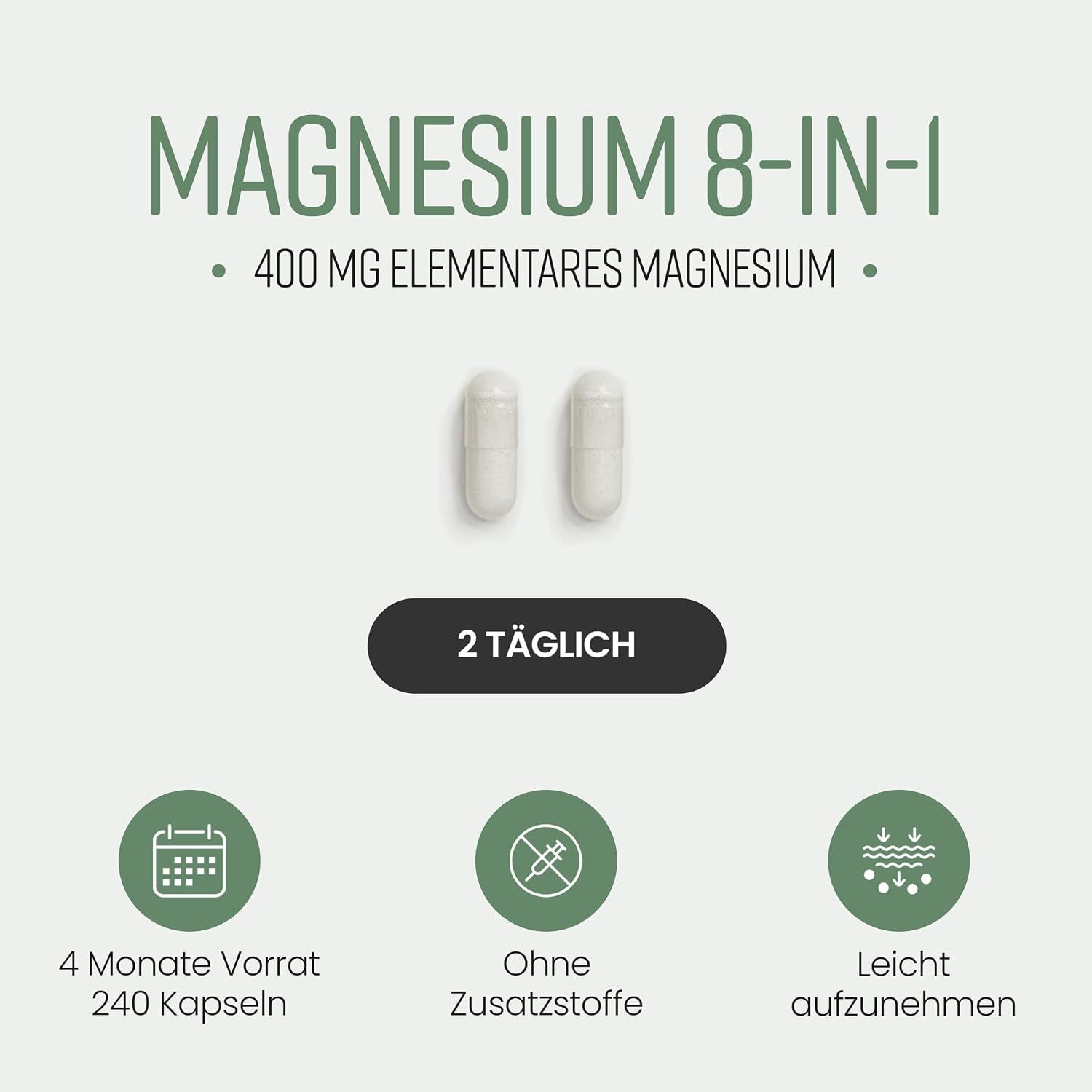 Magnesium 8-in-1 Kapseln, 400mg elementares Magnesium, 240 Kapseln.