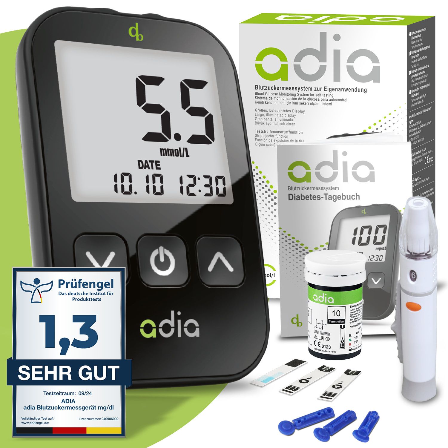 adia Blutzuckermessgerät-Set (mmol/L) zur Blutzucker-Kontrolle bei Diabetes