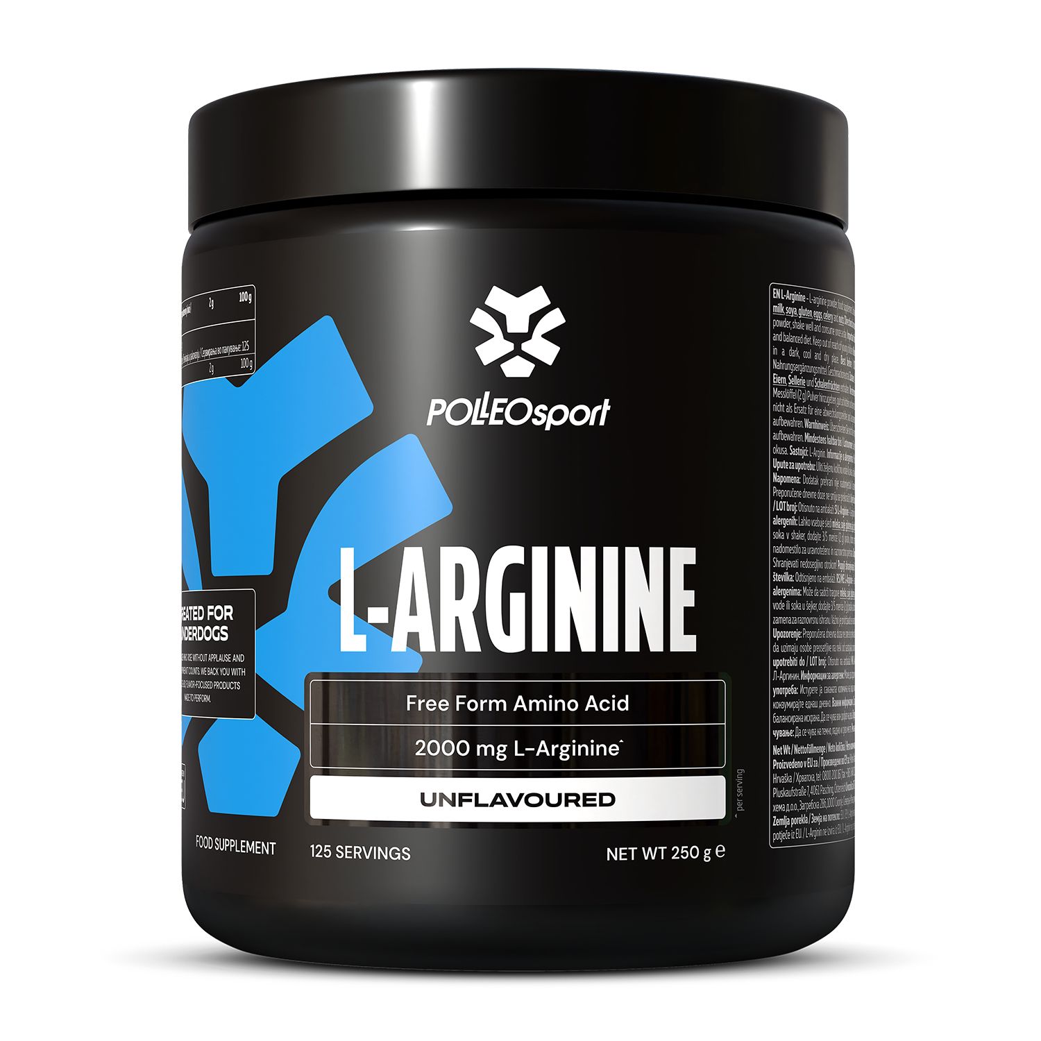 Schwarze Dose mit weißer Aufschrift L-Arginin. Marke Polleo Sport. Enthält 250g. Blaue Designelemente. Unflavored.