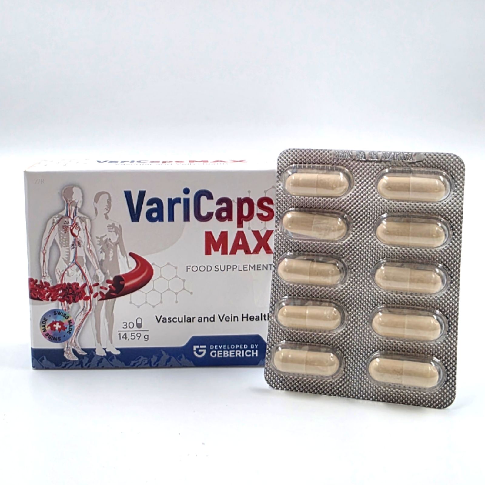 Produktverpackung VariCaps MAX und Blisterpackung mit Kapseln. Aufschrift: Vascular and Vein Health. 30 Kapseln.