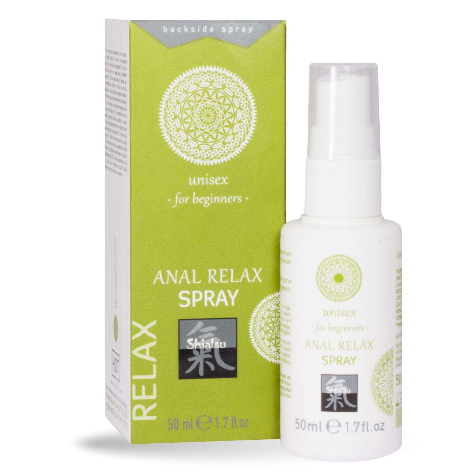 Weiße Flasche und grüne Verpackung. Aufschrift: ANAL RELAX SPRAY, unisex, Shiatsu. 50 ml.
