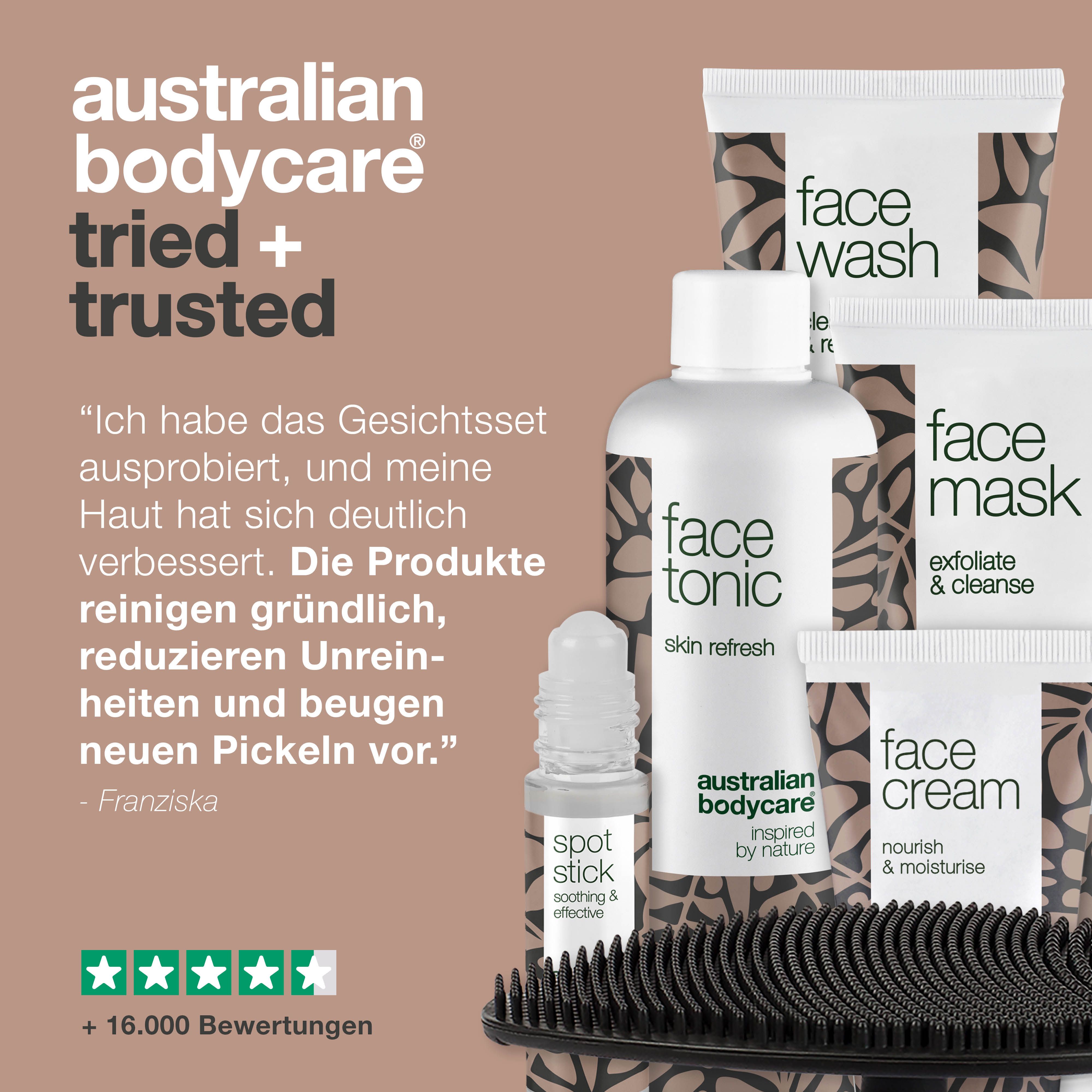Gesichtsset mit Face Wash, Face Tonic, Face Mask, Face Cream, Spot Stick und Bürste. Text: Erfahrungsbericht.