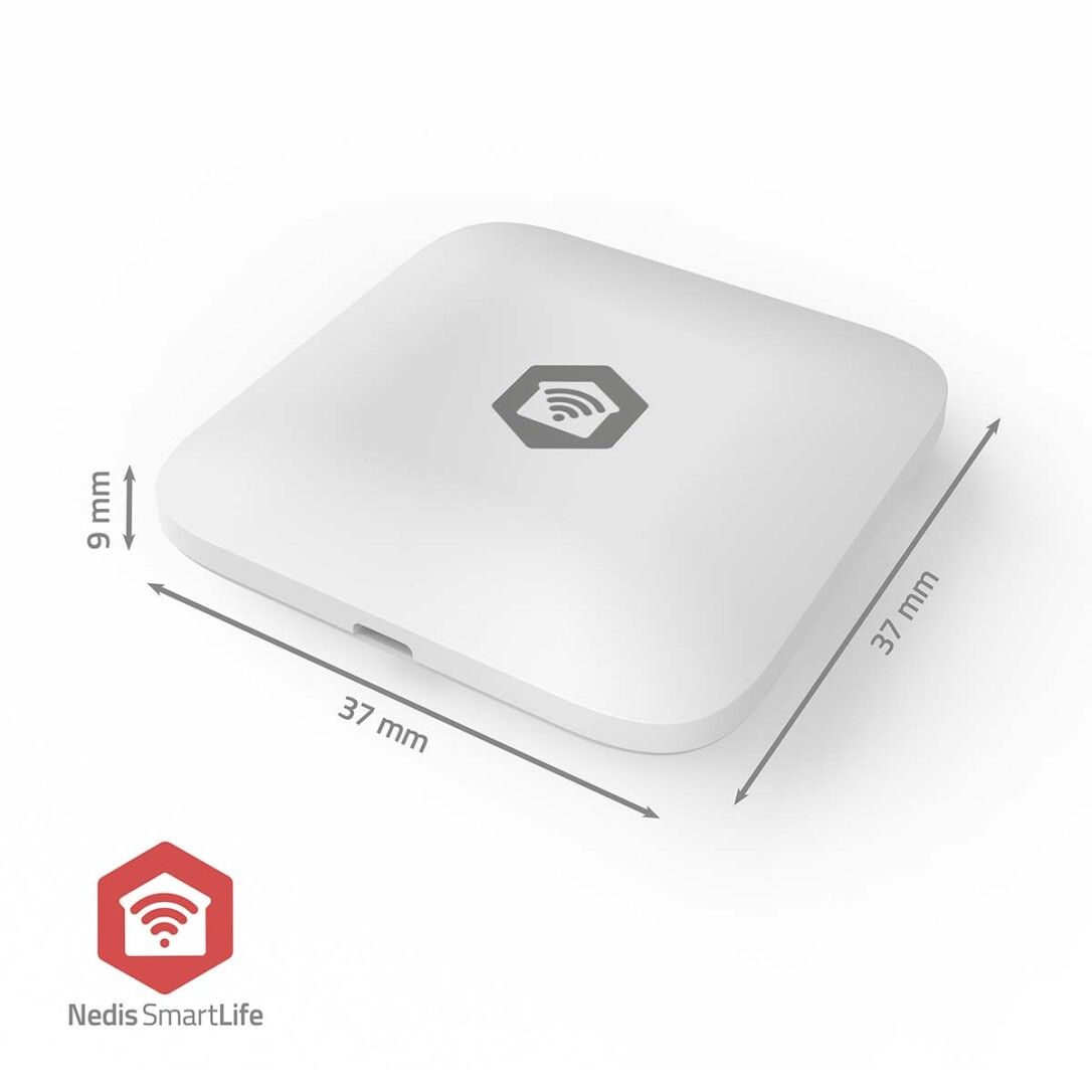 Weißer, quadratischer Sensor mit abgerundeten Ecken. Maße: 37x37x9 mm. Logo Nedis SmartLife.