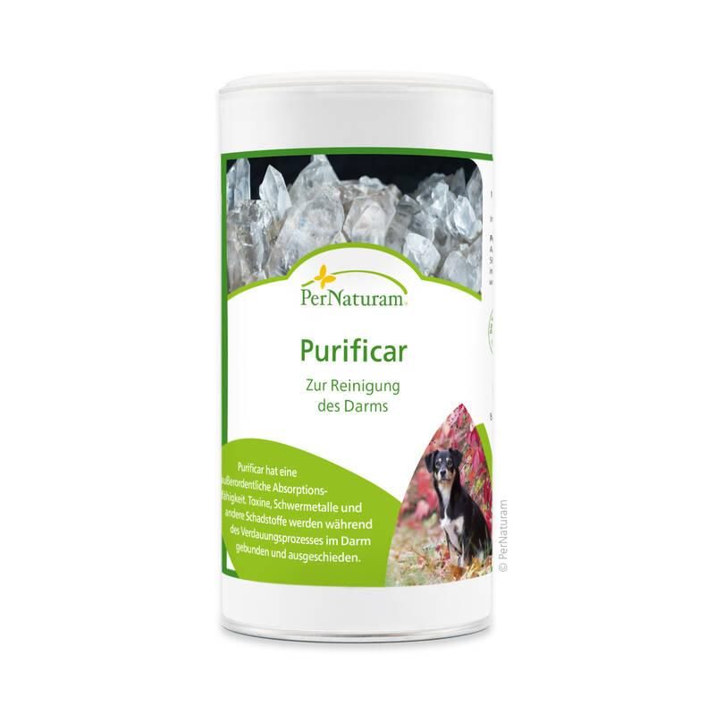 PerNaturam Purificar Dose. Weißer Behälter mit grünem Etikett. Aufschrift: Zur Reinigung des Darms. Abbildung: Kristalle und Hund.