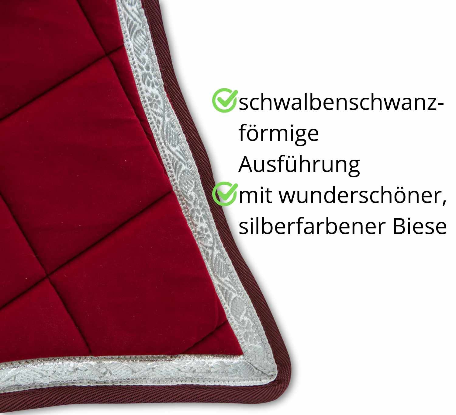 Burgunderfarbene Schabracke mit silberfarbener Biese. Schwalbenschwanz-Form. AMKA Qualität. Detailansicht.