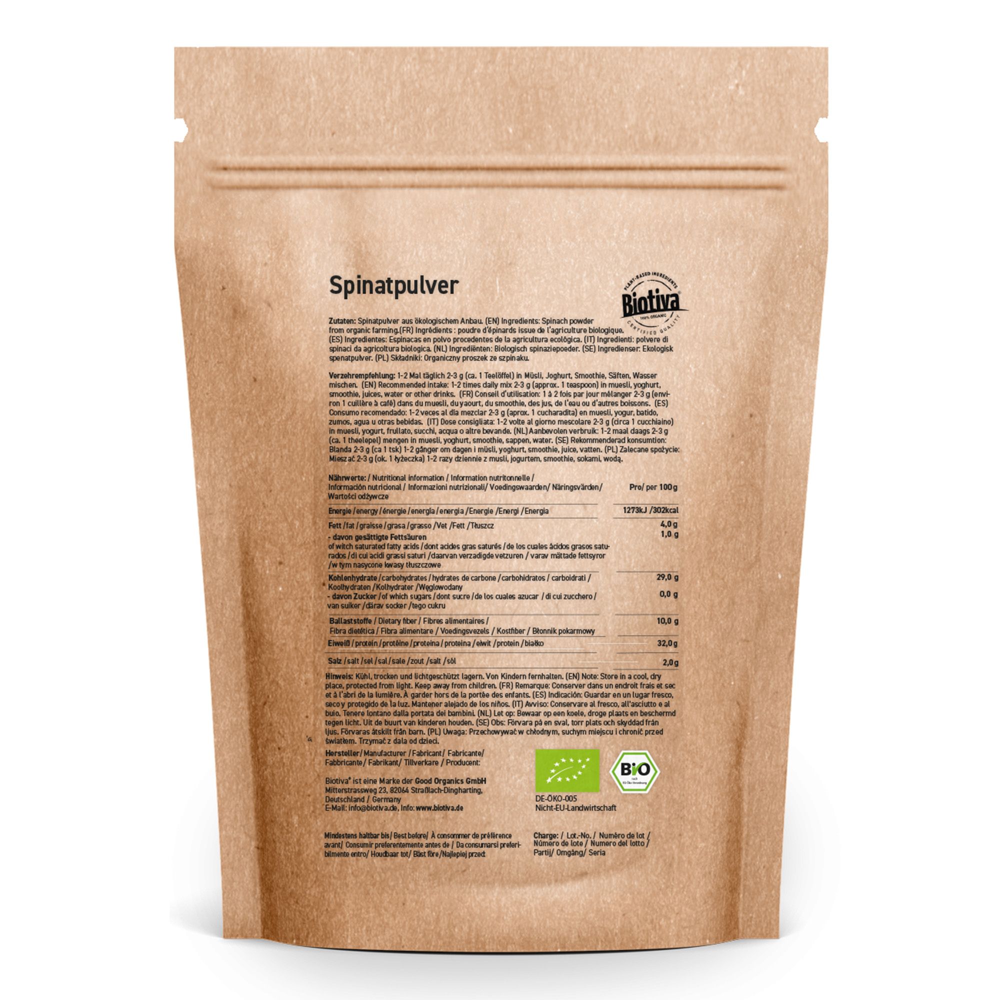 Rückseite der Biotiva Spinatpulver-Verpackung. Text: Zutaten, Nährwerte, Bio-Siegel. Logo Biotiva. Siegel: EU-Bio, DE-ÖKO-005.