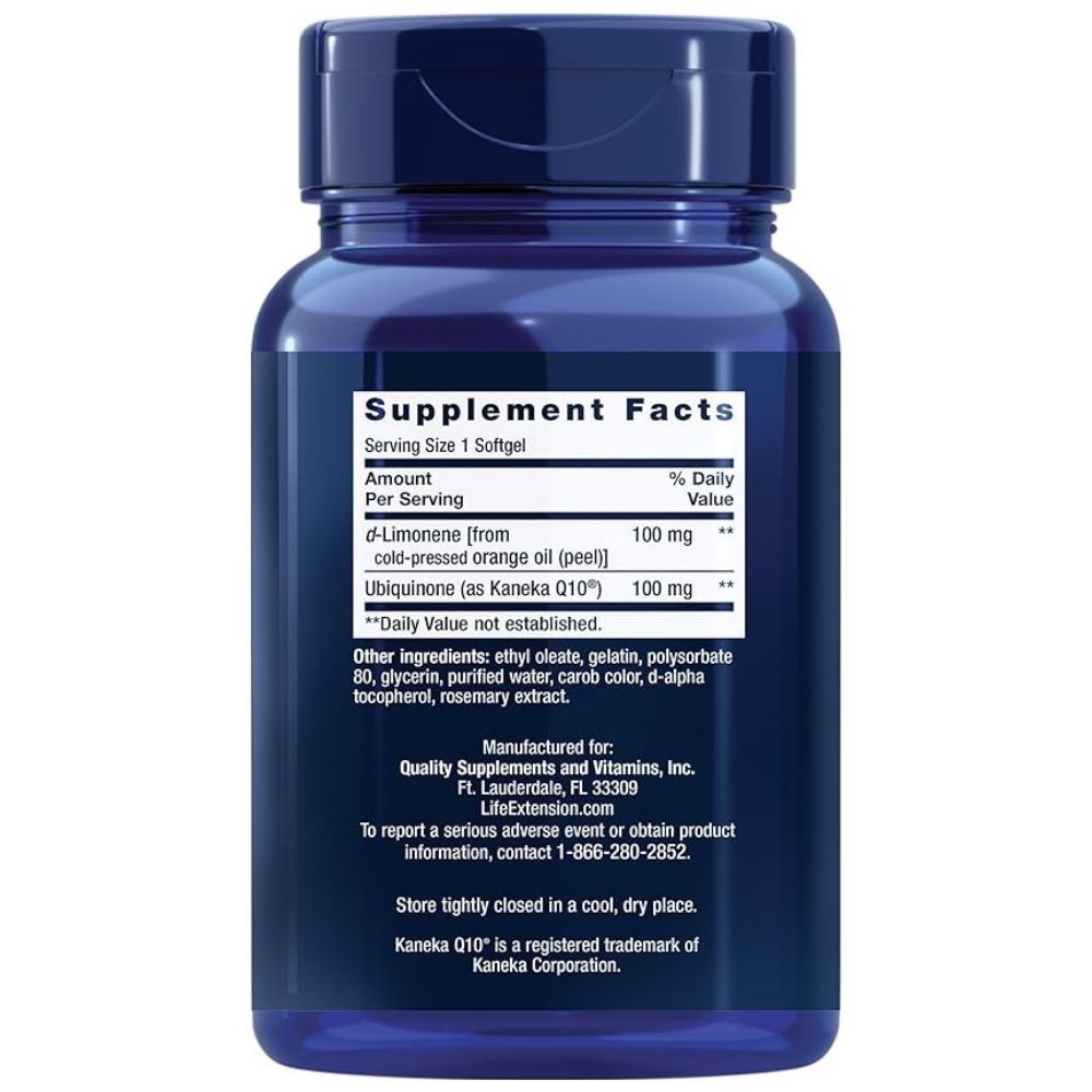 Rückseite eines blauen Behälters mit Life Extension Super-Absorbierbarem CoQ10 100 mg. Enthält Supplement Facts.