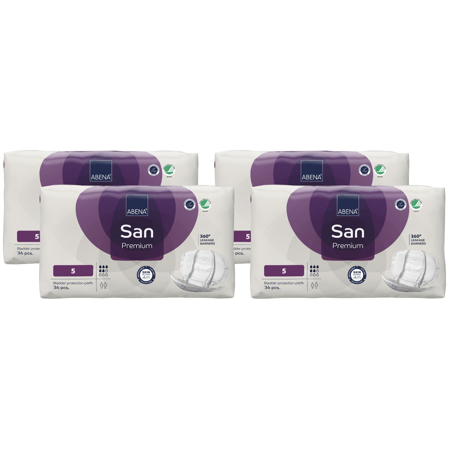 Mehrere Packungen ABENA San Premium Vorlagen. Verpackung mit lila Akzenten und Produktinformationen. 5er-Größe.