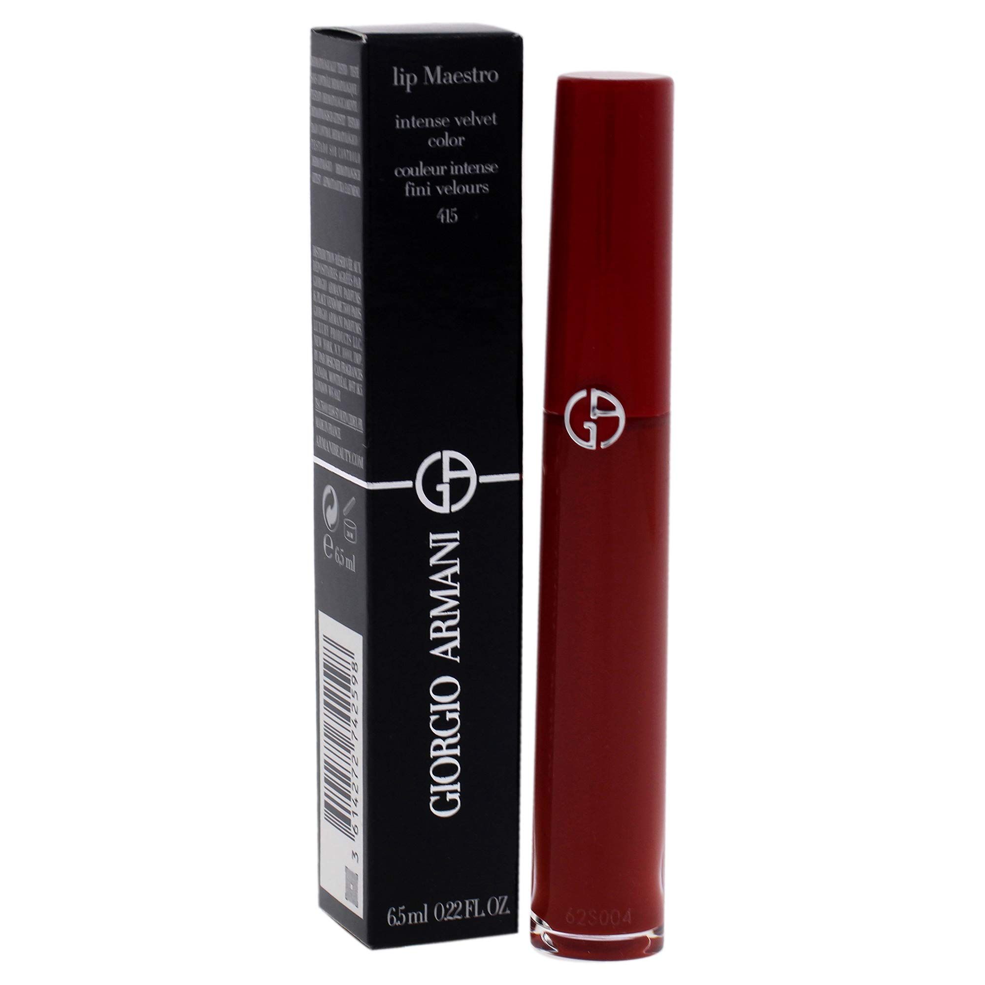 Lippenstift und Verpackung. Schwarze Schachtel mit weißer Schrift. Roter Lippenstift mit silbernem Logo.