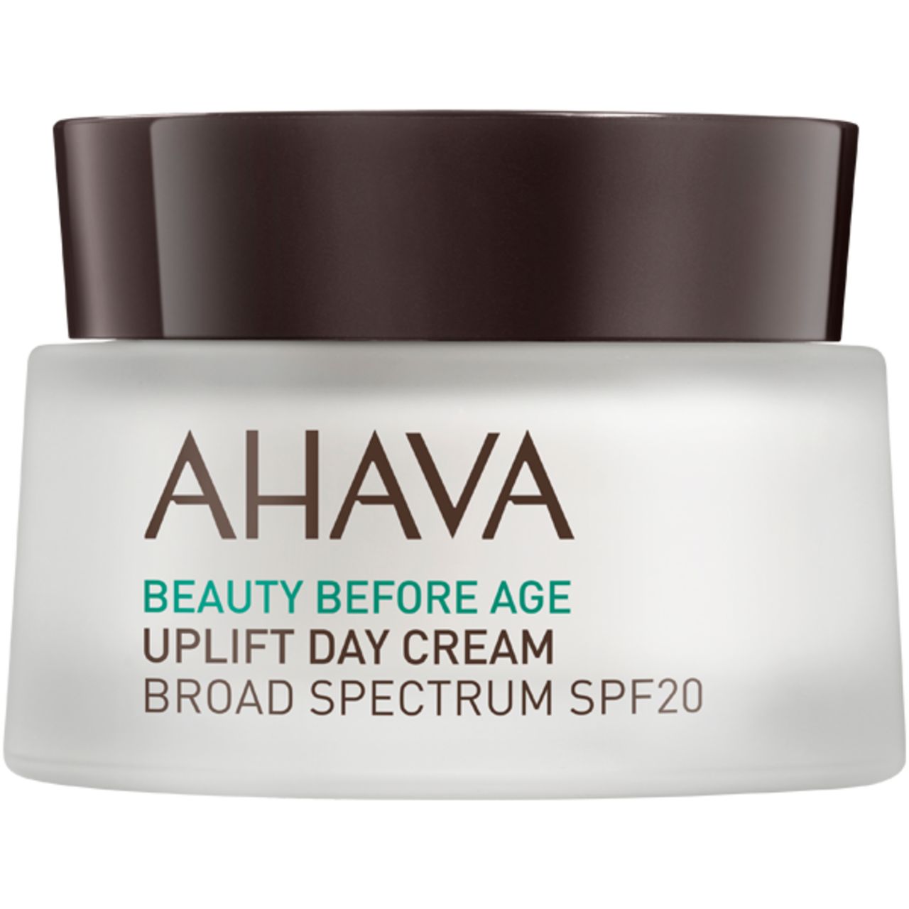 Creme-Tiegel mit braunem Deckel. Aufschrift: AHAVA, BEAUTY BEFORE AGE, UPLIFT DAY CREAM, BROAD SPECTRUM SPF20.