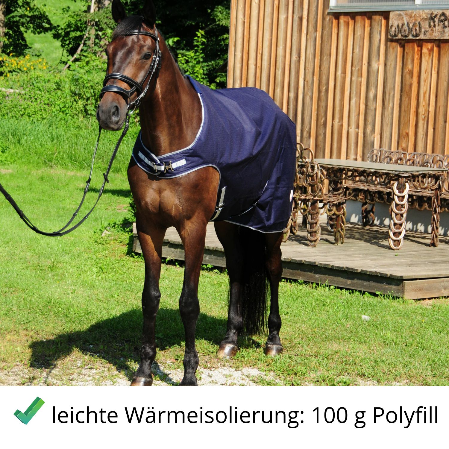 Pferdedecke, dunkelblau mit weißem Rand, auf einem Pferd. Text: leichte Wärmeisolierung: 100 g Polyfill.