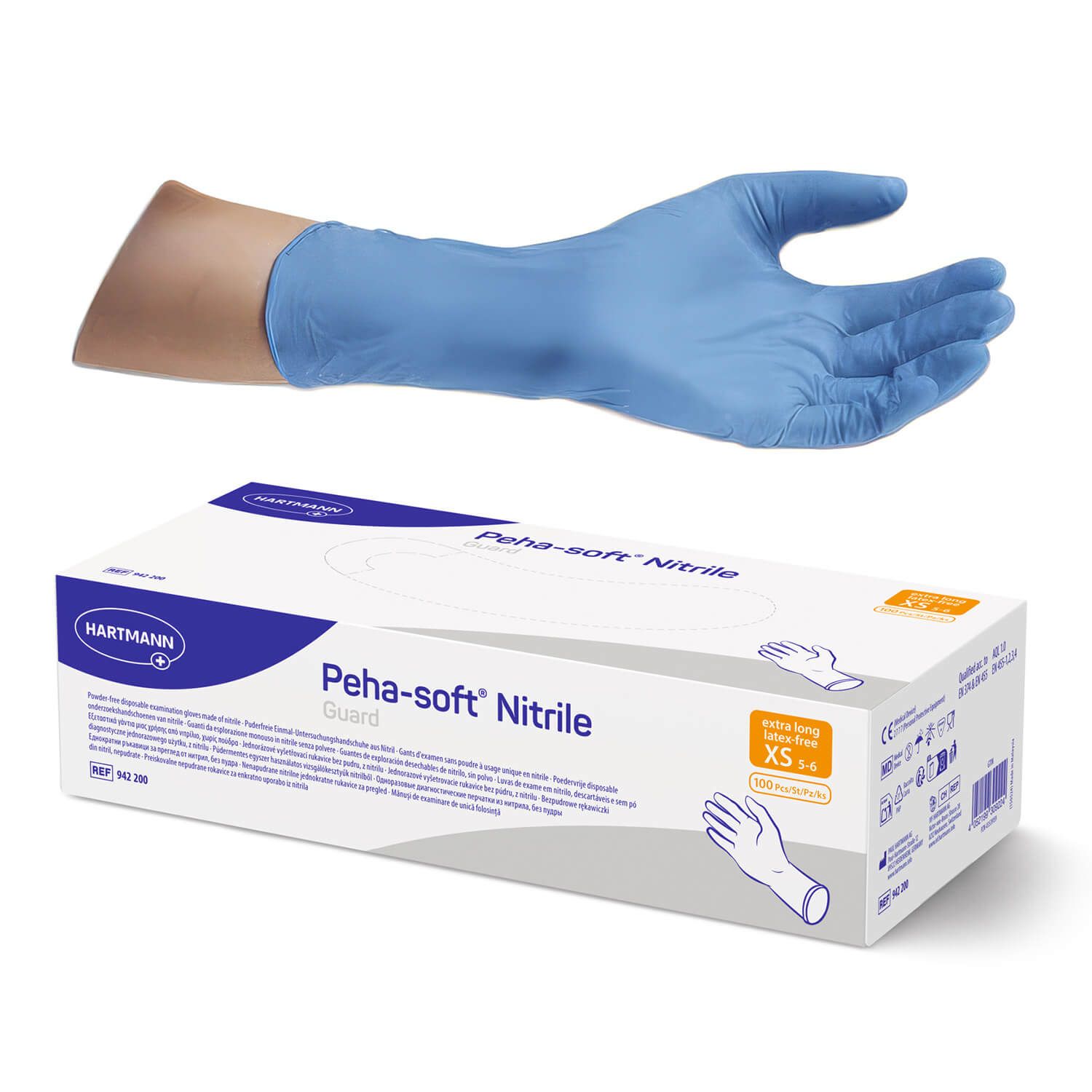Blauer Nitril-Handschuh auf Hand, daneben Karton mit Aufschrift Peha-soft Nitrile Guard. XS-Größe.