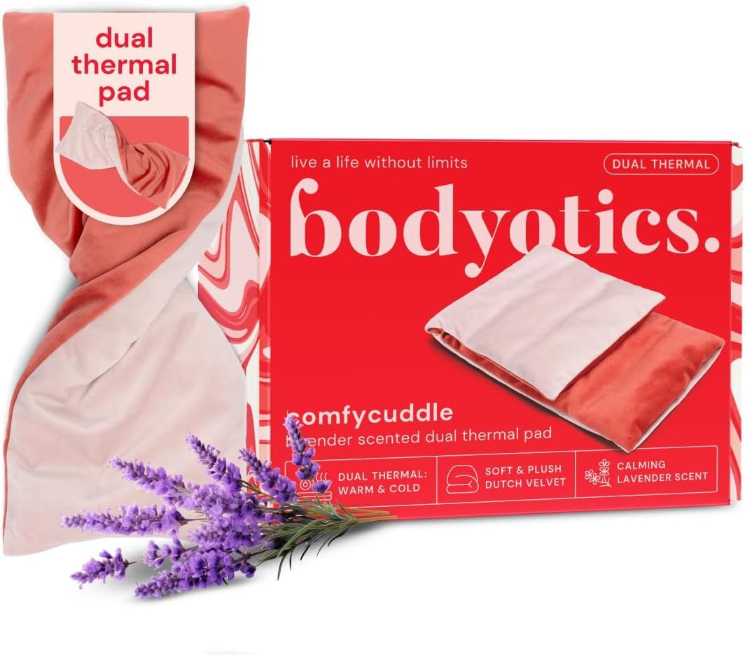 Kühl- und Wärmekissen, orangefarben und weiß, mit Produktverpackung. Aufschrift: Bodyotics, Comfycuddle, Dual Thermal Pad.