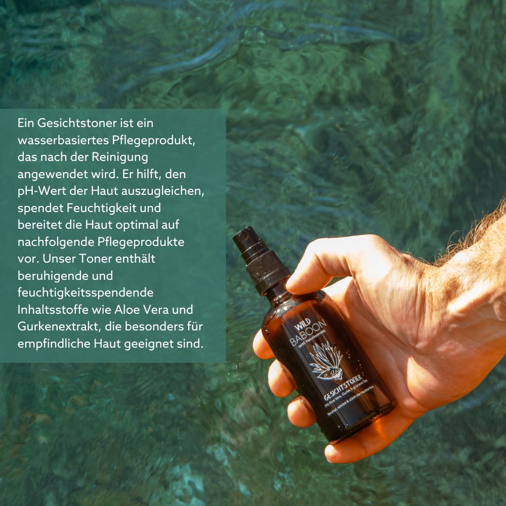 Hand hält eine braune Sprühflasche. Text: Ein Gesichtstoner ist ein wasserbasiertes Pflegeprodukt. Enthält Aloe Vera und Gurkenextrakt.