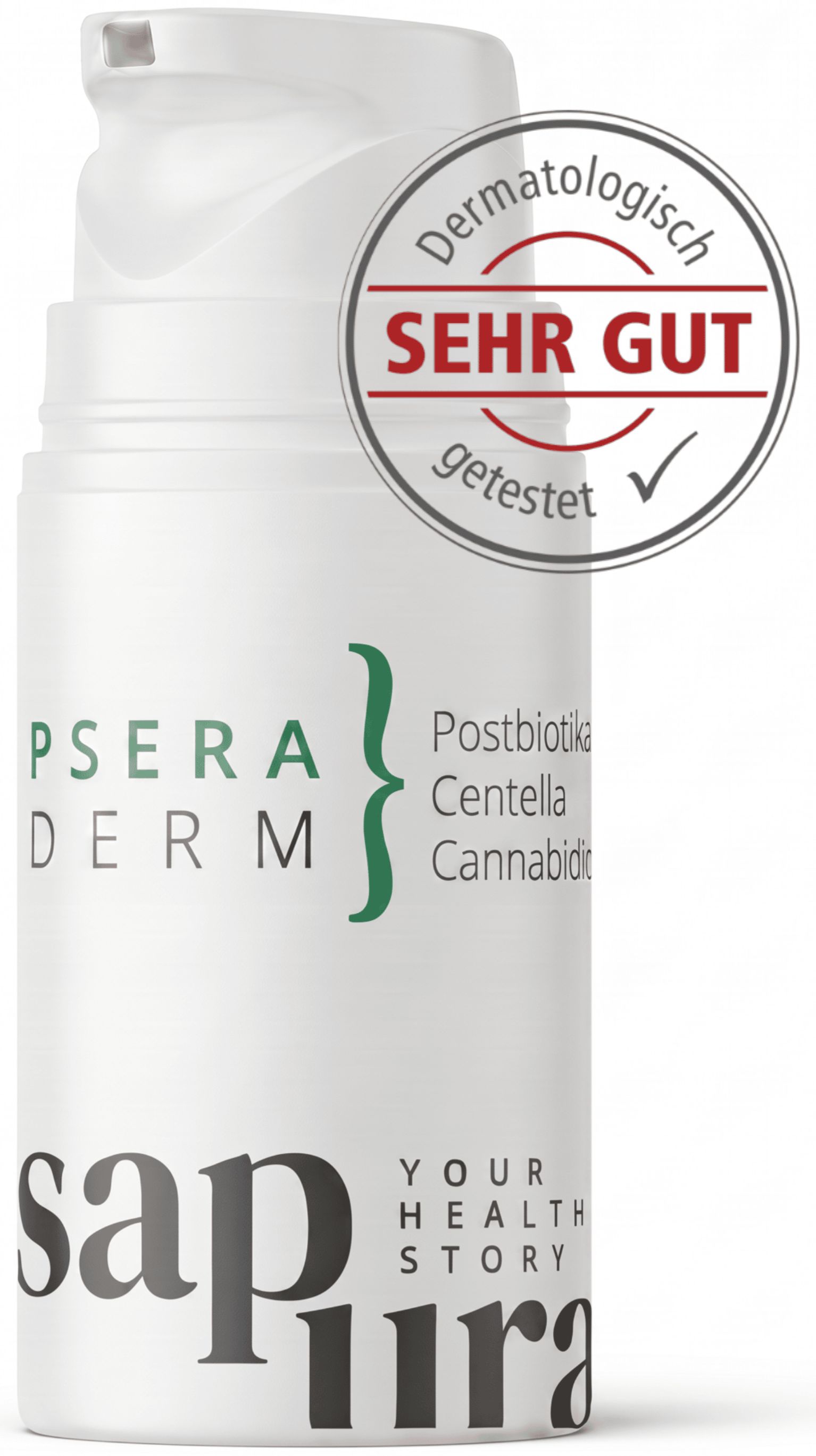 Weiße Pumpspender-Flasche mit Siegel „Dermatologisch SEHR GUT getestet“.