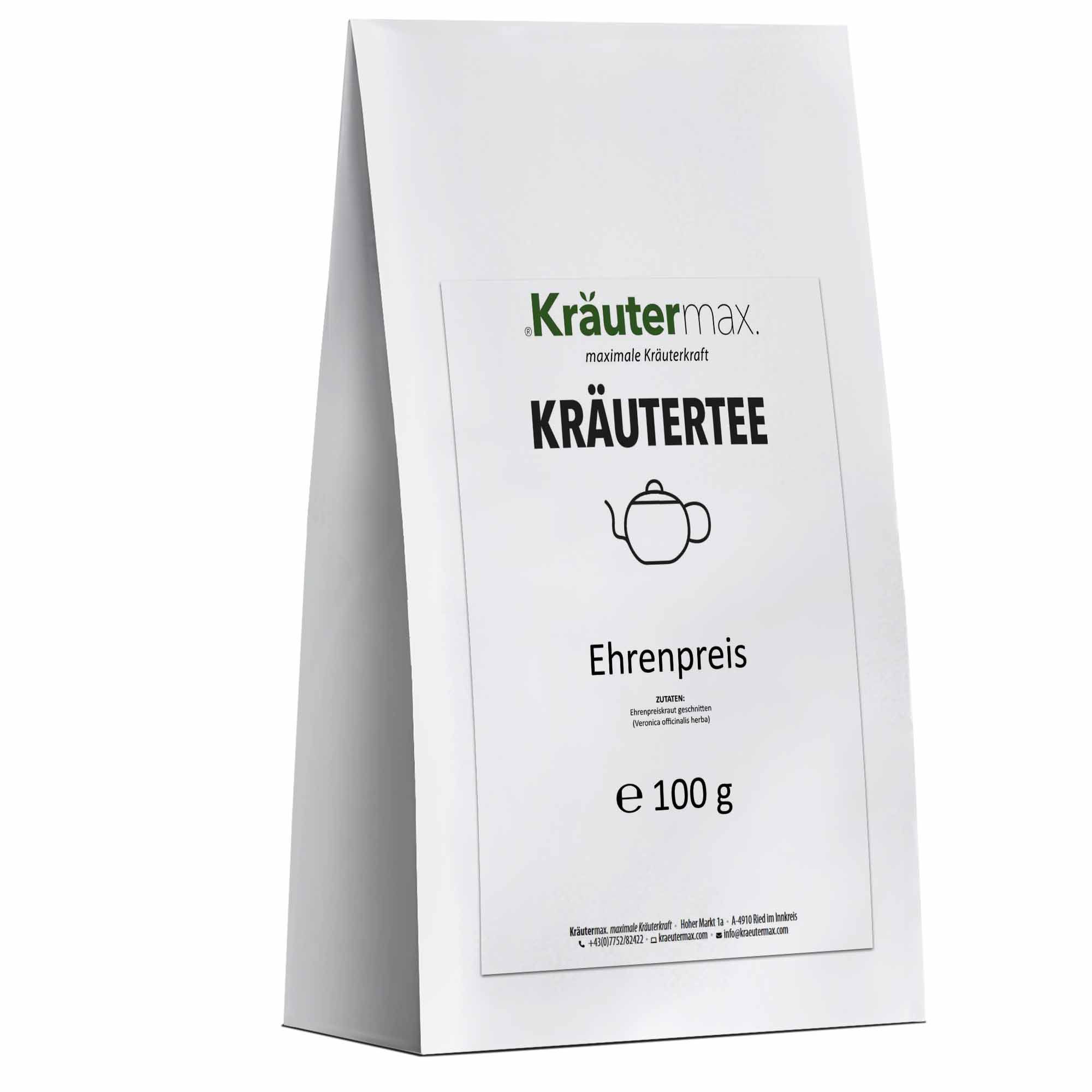 Weiße Kräutertee-Verpackung. Aufdruck: Kräutermax, Kräutertee, Ehrenpreis, Teekanne-Symbol, 100 g.