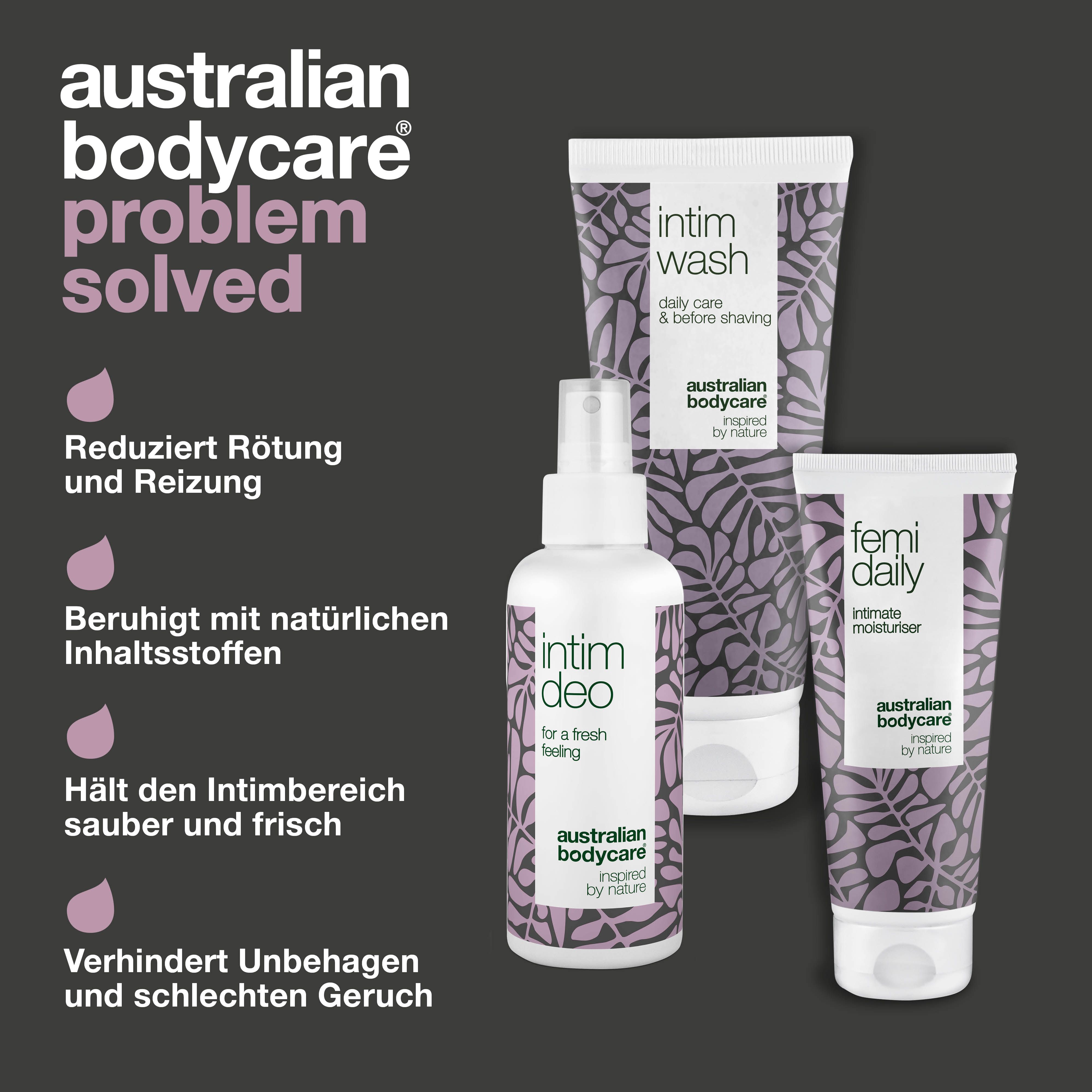 Grafik: Australian Bodycare Problem gelöst. Produkte: Intim Wash, Femi Daily, Intim Deo. Vorteile: Reduziert Rötung, beruhigt, hält frisch.