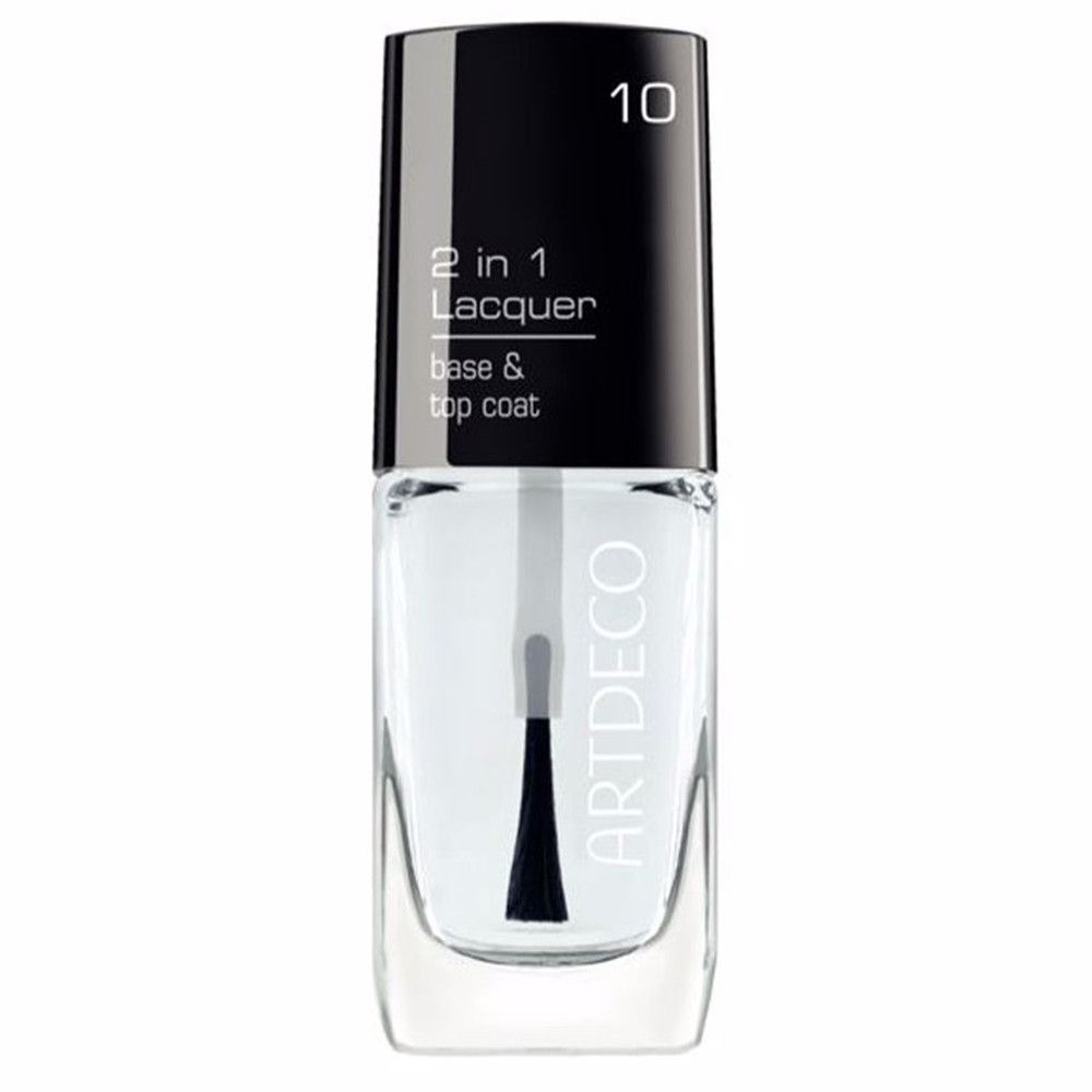 Klare Nagellackflasche mit schwarzem Deckel. Aufschrift: 2 in 1 Lacquer Base & Top Coat. Marke ARTDECO.