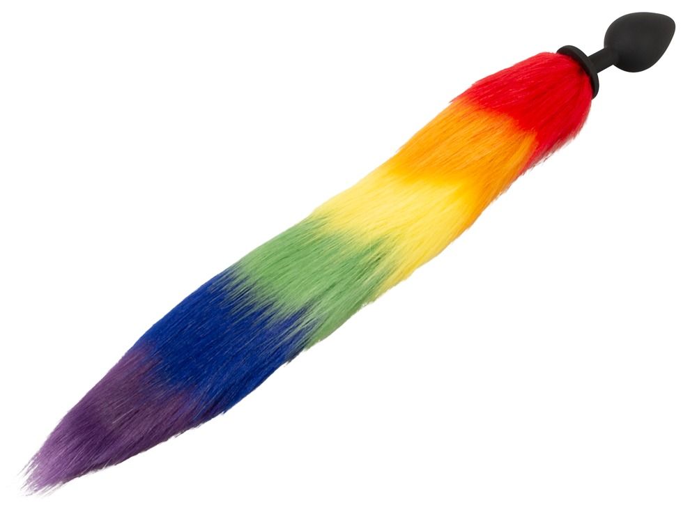Regenbogenfarbener Fluffy Tail mit schwarzem Stecker. Produktansicht von oben.