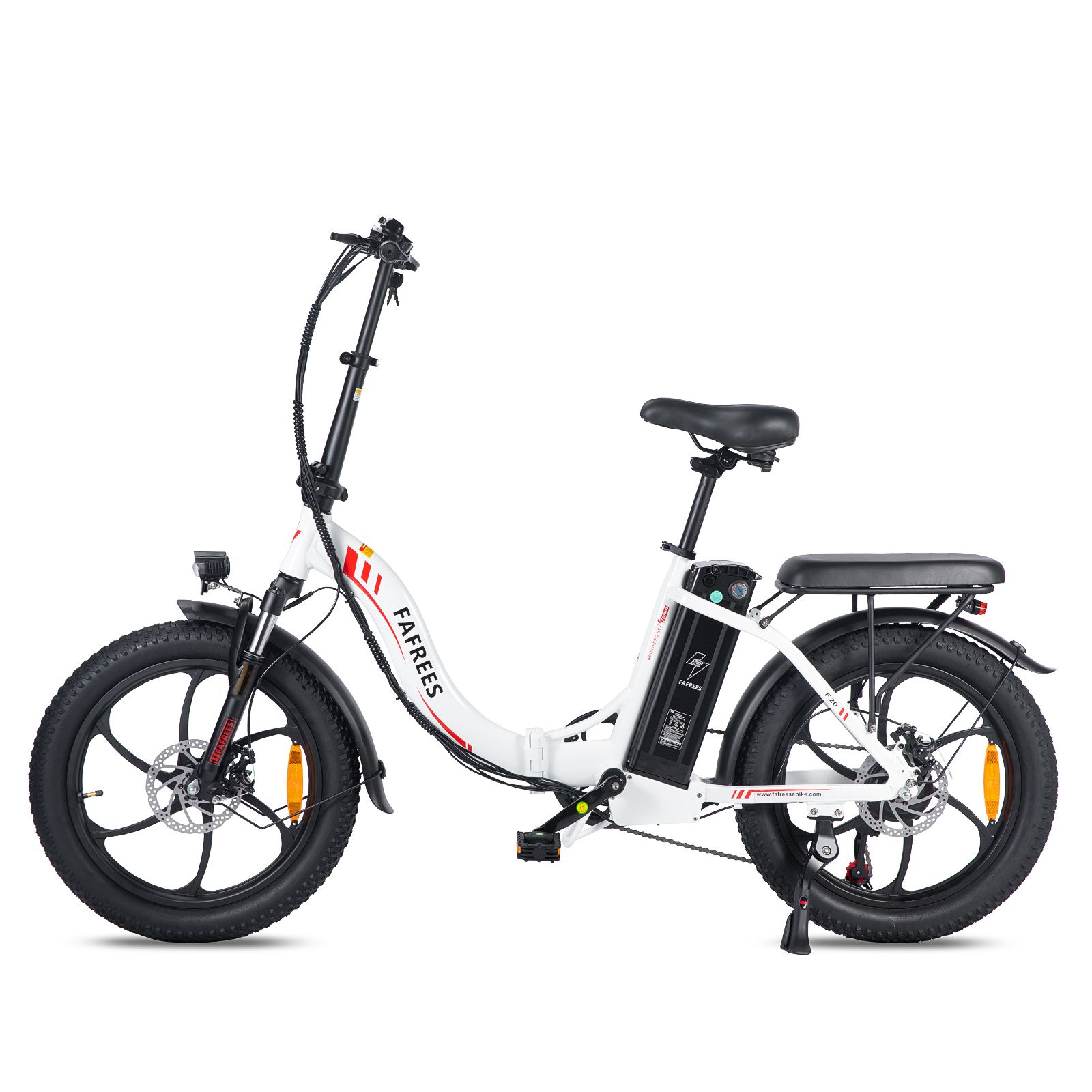 Faltbares E-Bike FAFREES F20, weiß, schwarze Reifen, rotes Logo. Scheibenbremsen, Gepäckträger, Schutzbleche, orangefarbene Reflektoren.