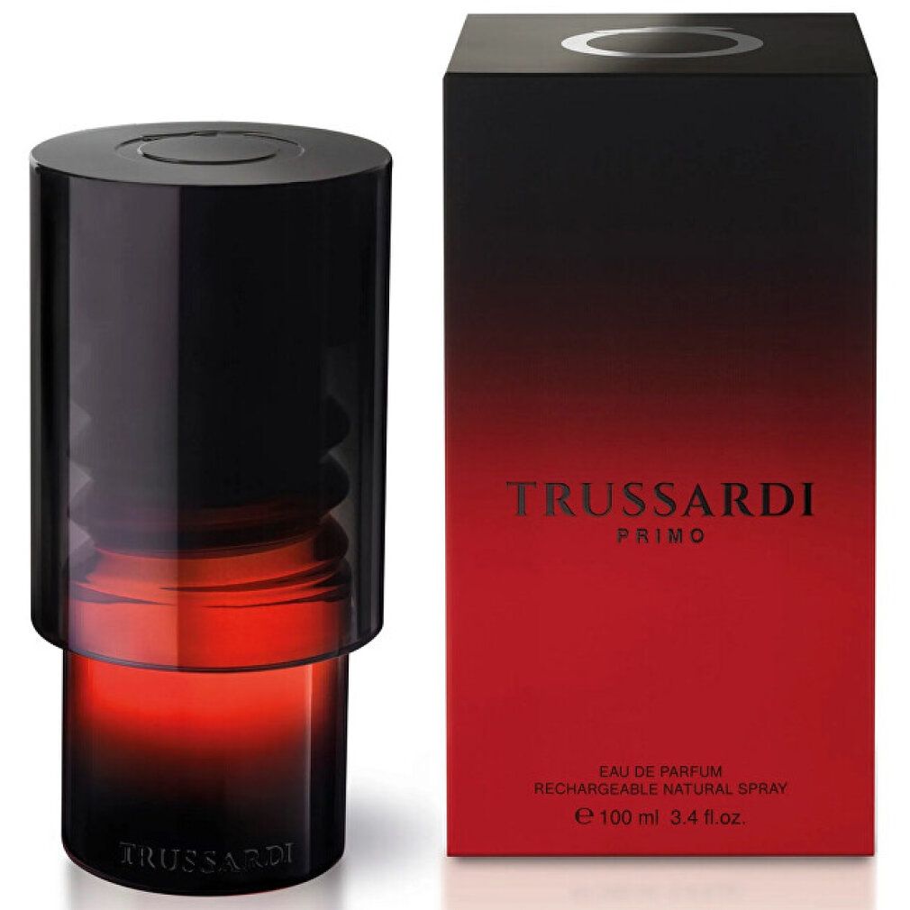 Schwarzer Flakon mit rotem Farbverlauf und schwarzer Verpackung. Auf der Verpackung steht "Trussardi Primo".
