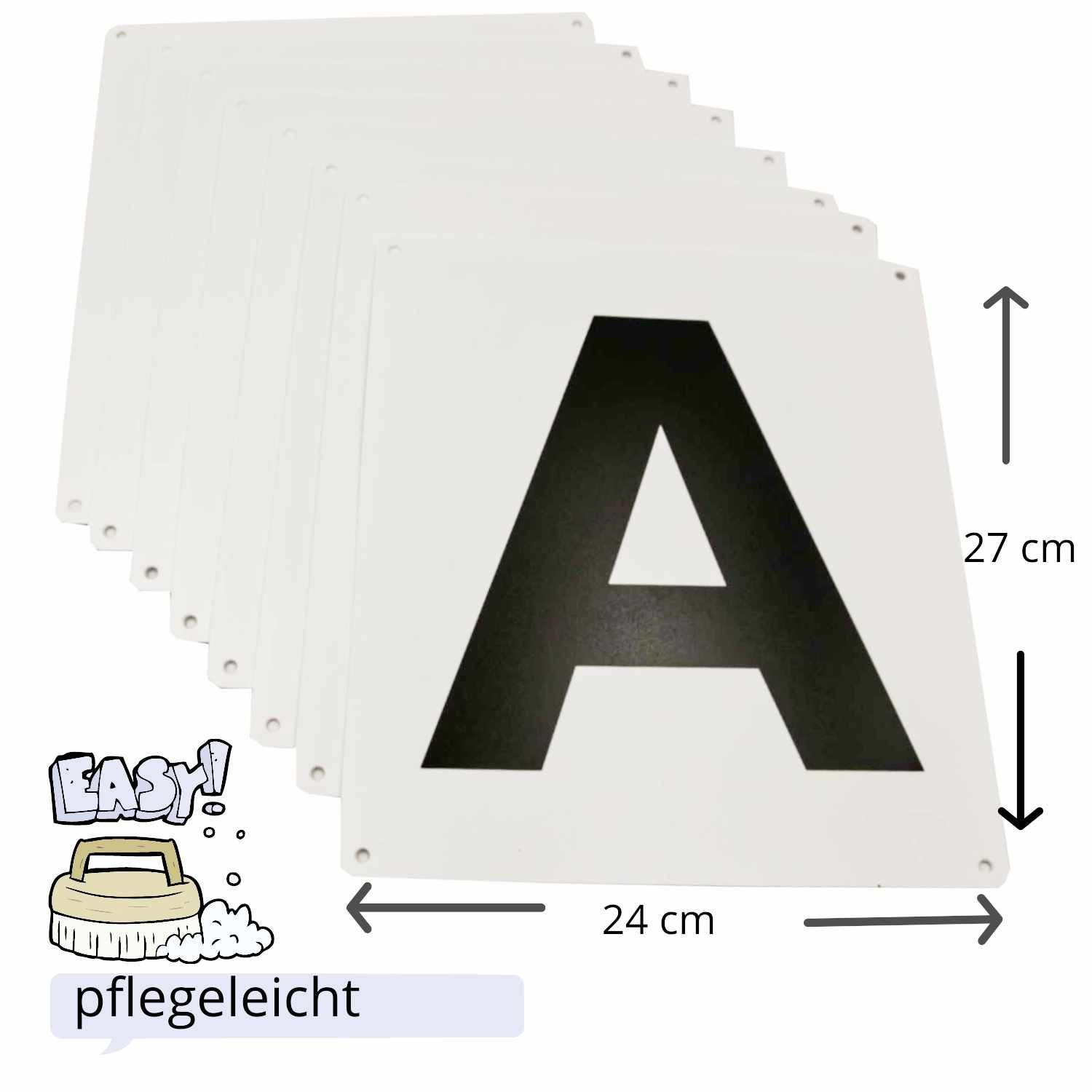 Weißes Schild mit schwarzem Buchstaben A. Maße: 24 x 27 cm. Text: pflegeleicht. Symbol: Pinsel und Seife.