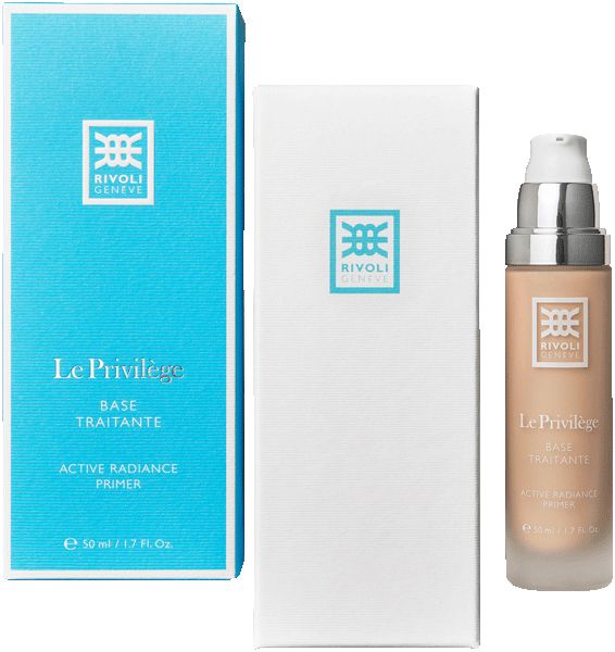 Flasche und Verpackung. Aufschrift: Rivoli Geneve, Le Privilège, Base Traitante, Active Radiance Primer. Schweizer Flagge.