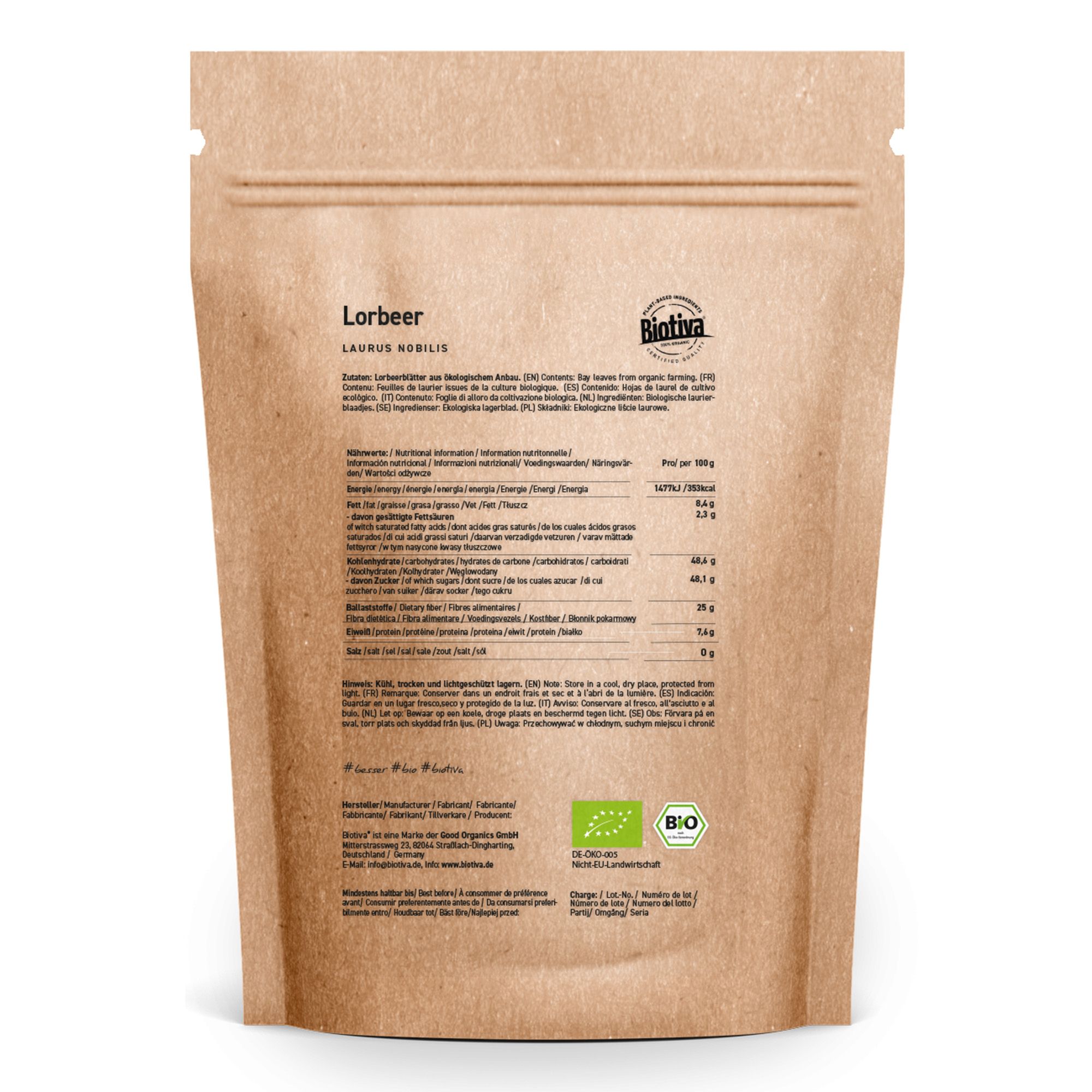 Rückseite des braunen Standbodenbeutels mit Biotiva-Logo. Enthält Informationen zu Inhaltsstoffen und Nährwerten. Mit Bio-Siegel.