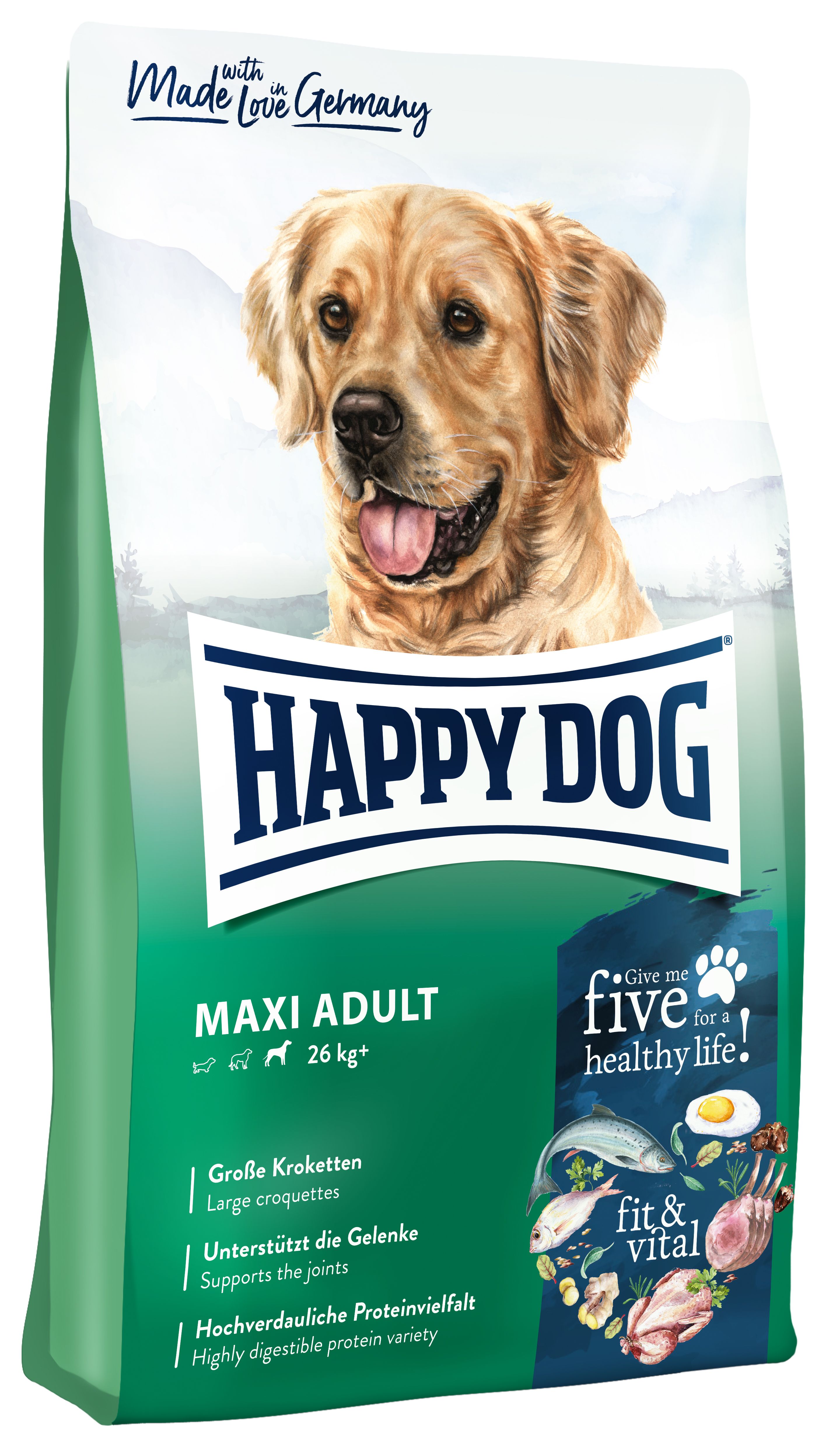 Hundefutter-Beutel mit Happy Dog Logo und Abbildung eines Golden Retrievers. Text: Maxi Adult, 26 kg+, fit & vital.