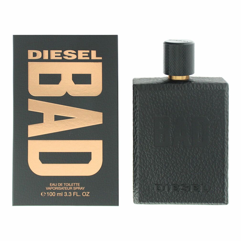 Schwarzer Flakon und Verpackung. Goldfarbener Schriftzug: DIESEL BAD. Eau de Toilette. 100 ml.
