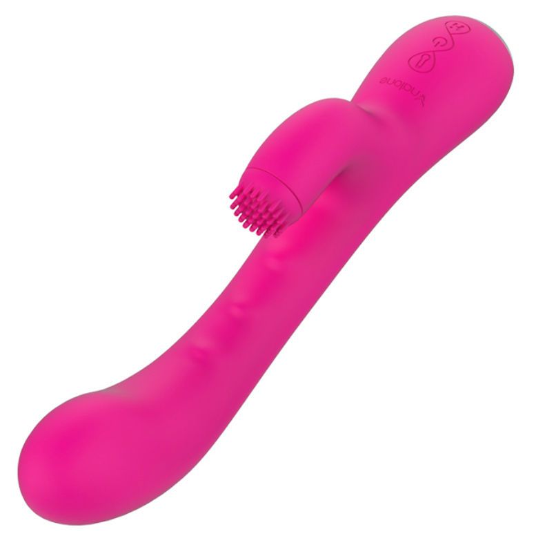 Pinkfarbener Vibrator mit Heizfunktion. Gebogene Form mit geriffelter Spitze und Bedienknöpfen. Marke: Vicone.