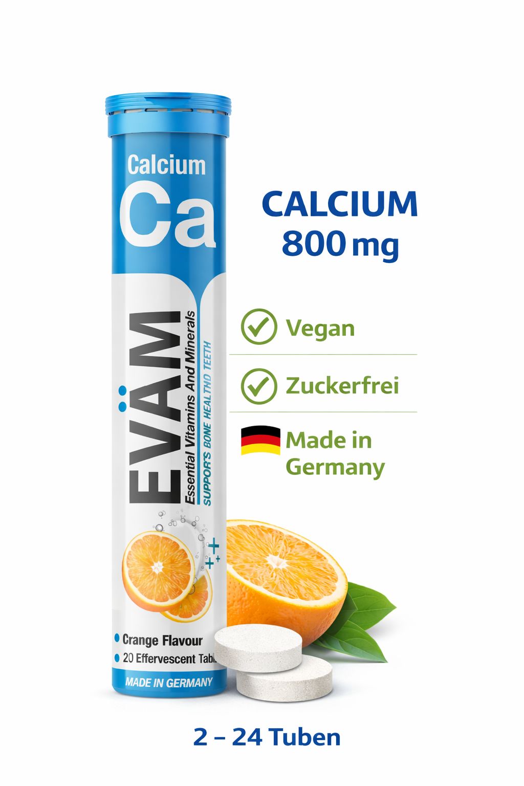 Calcium-Brausetabletten-Tube. Blau-weißes Design mit Orangen-Abbildung. Text: EVÄM, Calcium, unterstützt Knochen- und Zahngesundheit. Vegan, Zuckerfrei.