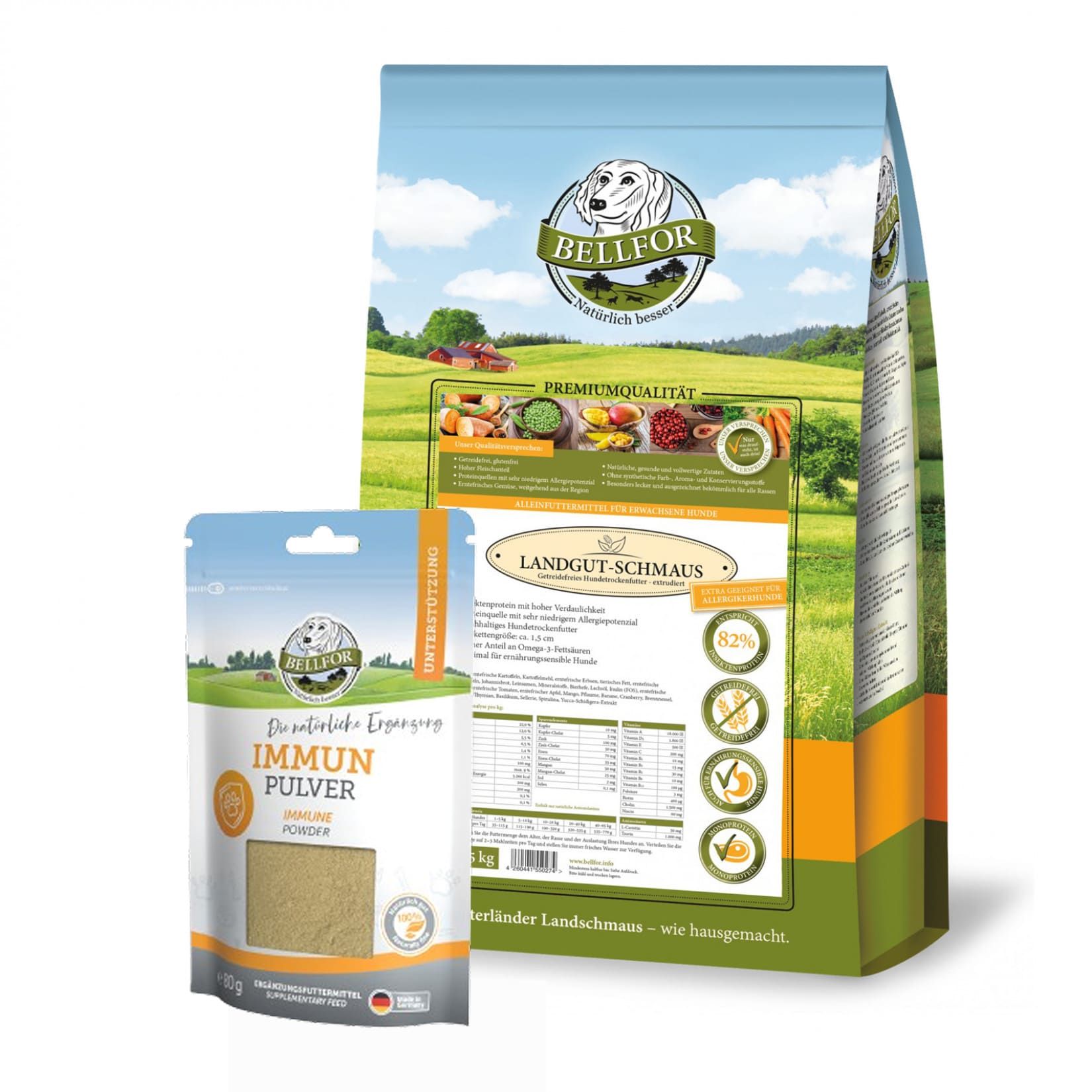 Bellfor Futterset, Beutel mit Pulver und Futterbeutel. Aufschrift: Immun Pulver, Landgut-Schmaus. Hintergrund: Landschaft.