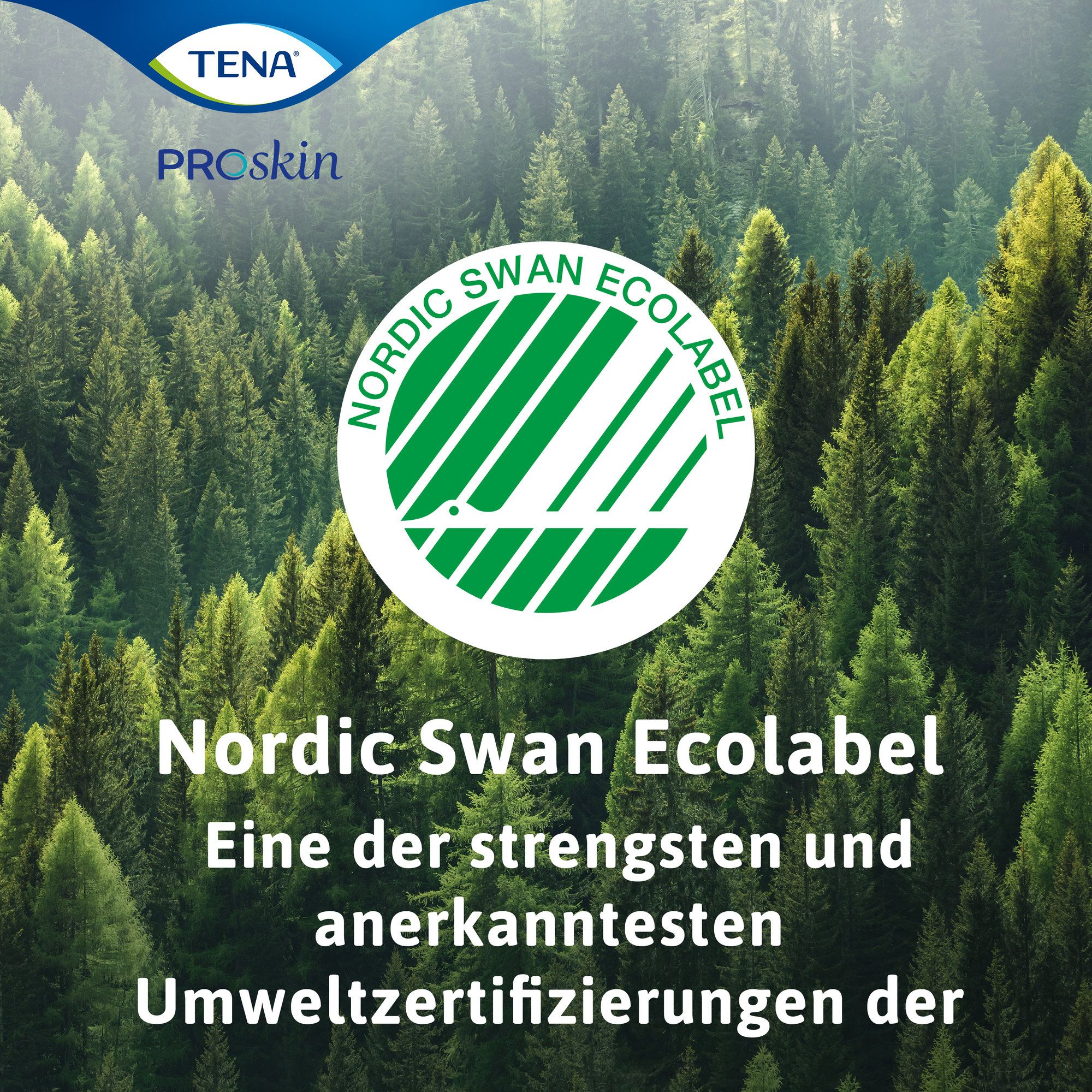Nordic Swan Ecolabel Zertifizierung auf einem Hintergrund von Bäumen.