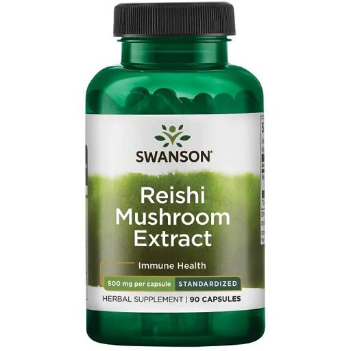 Grüne Flasche mit Swanson-Logo und "Reishi Mushroom Extract". Enthält 90 Kapseln. Text: "Immune Health".