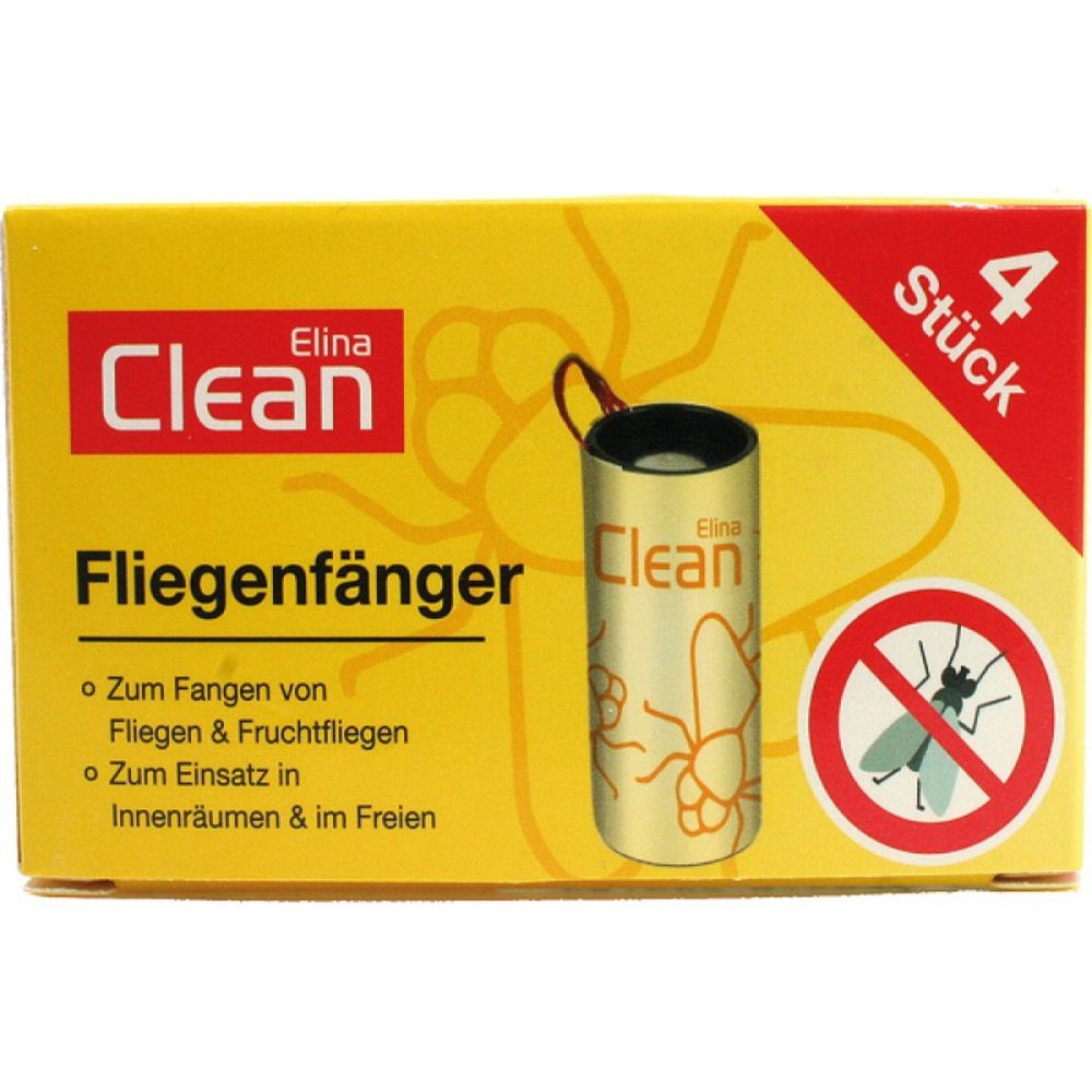 Gelbe Verpackung mit Produkt. Aufschrift "Elina Clean Fliegenfänger". Abbildung eines Fliegenfängers und Insekten-Symbol. 4 Stück.