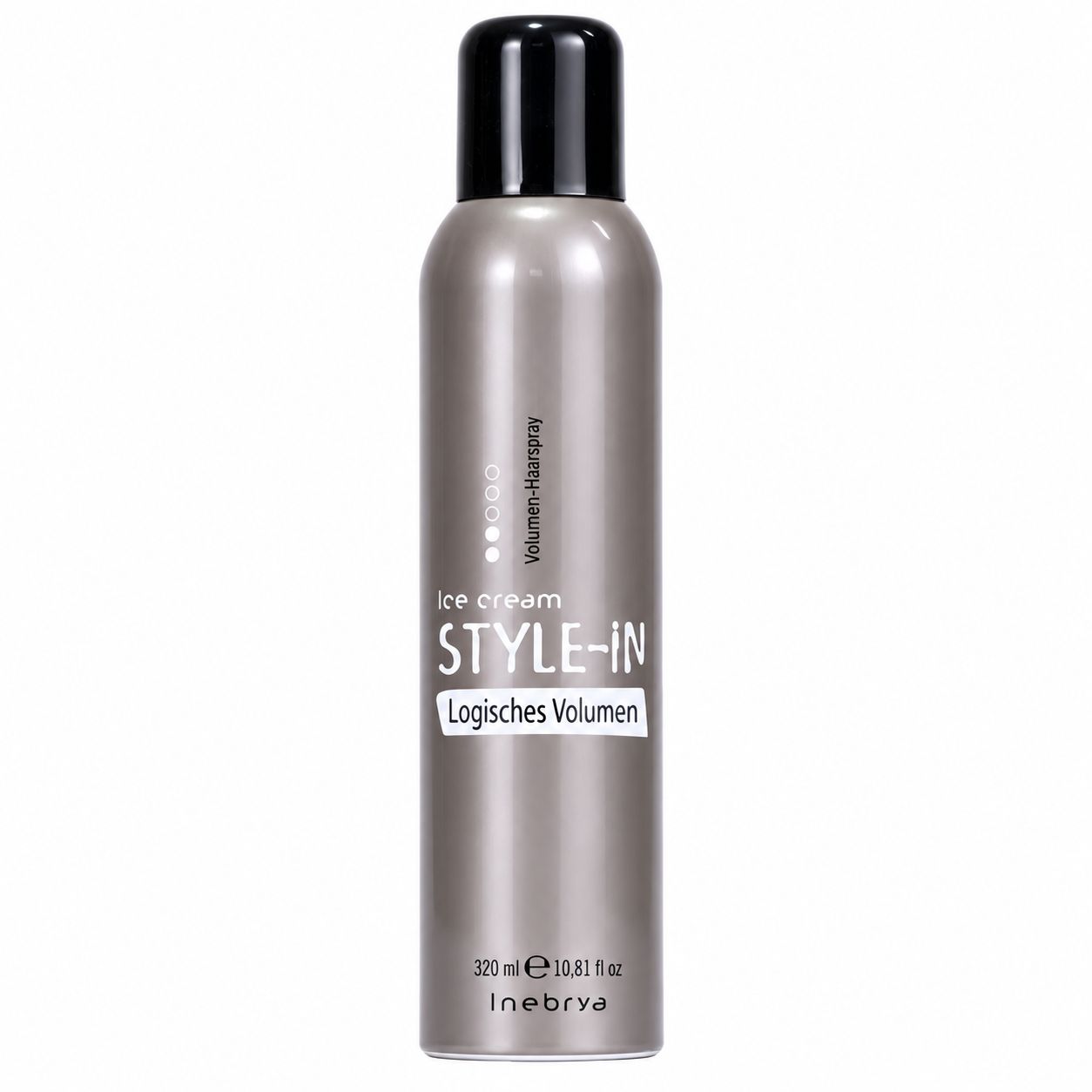 Graue Dose Haarspray mit schwarzem Verschluss, Marke Inebrya Style-in, 320 ml.