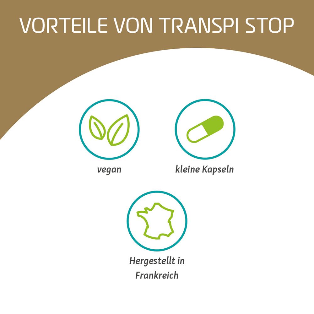Kreisförmige Icons. Text: Vegan, kleine Kapseln, hergestellt in Frankreich.