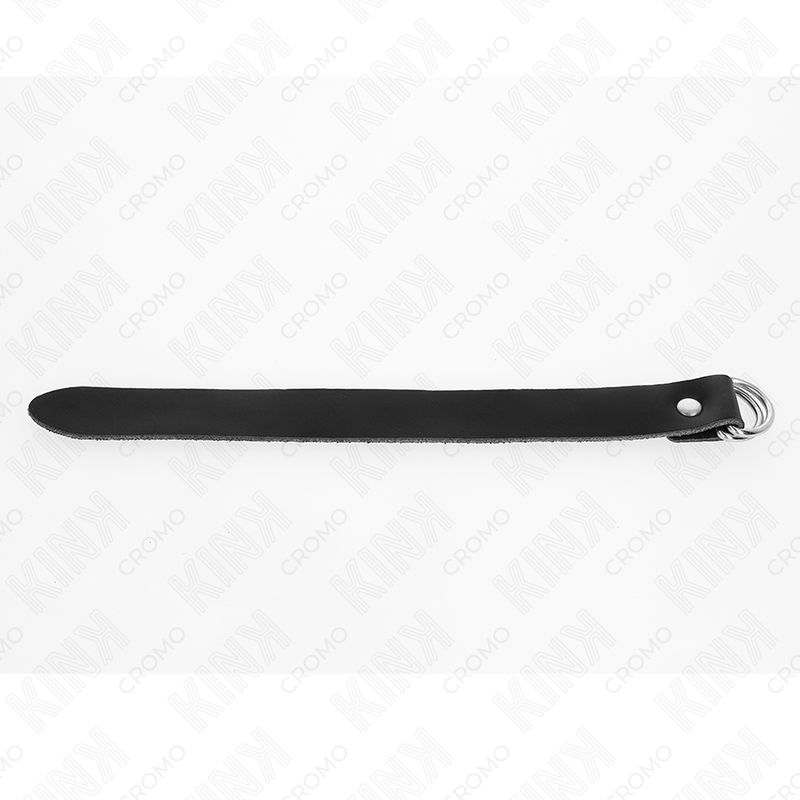 Schwarzer Lederriemen mit silberfarbenem Ring und Druckverschluss. Rechteckige Form, abgerundete Enden.