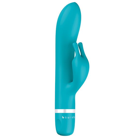 Türkisfarbener Vibrator in Hasenform. Mit zwei Ohren und einem abgerundeten Schaft. Aufschrift: b swish.