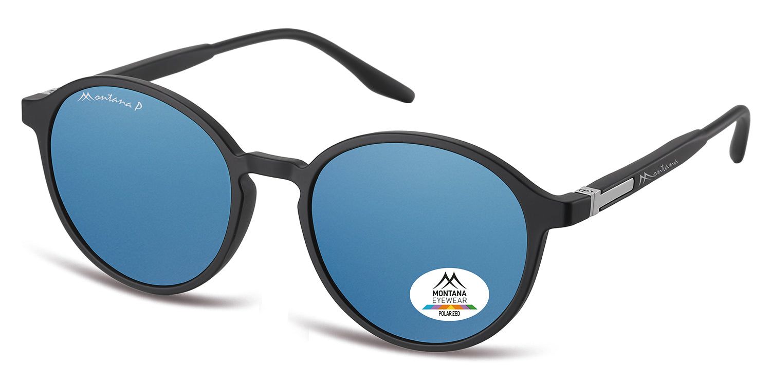 Sonnenbrille mit runden blauen Gläsern. Schwarzer Rahmen. Montana Eyewear Logo. Polarisiert-Aufkleber.