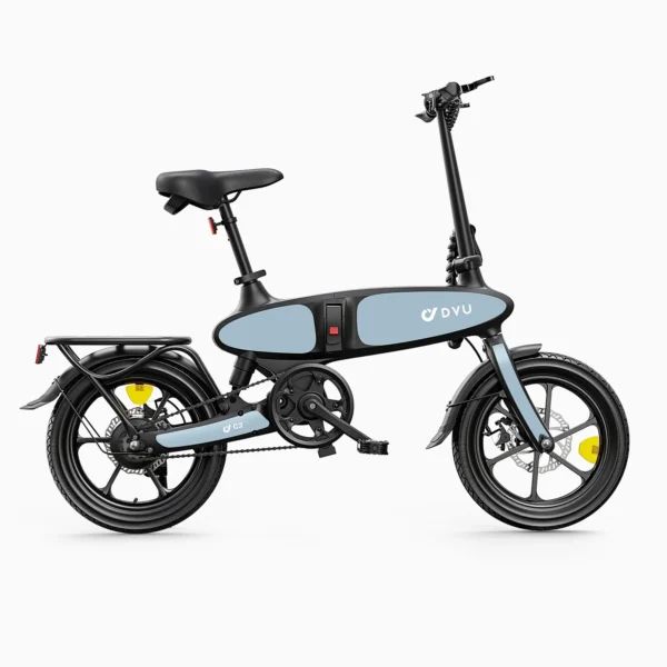 Faltbares E-Bike, hellblau-schwarz, mit DYU-Logo. Es hat einen Gepäckträger, Schutzbleche und gelbe Akzente an den Rädern.