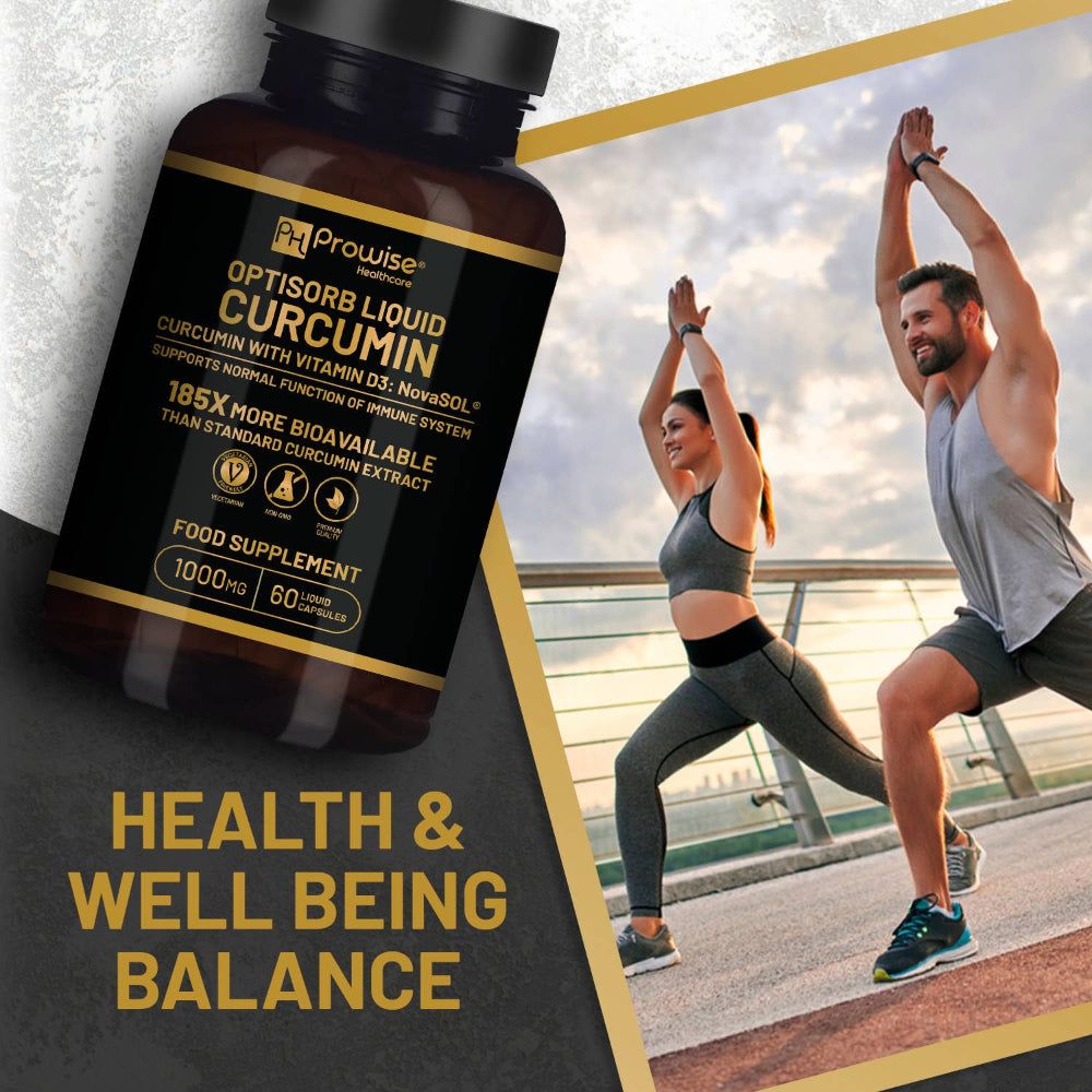 Flasche mit Aufschrift: Prowise Healthcare, Optisorb Liquid Curcumin, Curcumin mit Vitamin D3. Zwei Personen trainieren im Hintergrund. Text: Health & Well Being Balance.