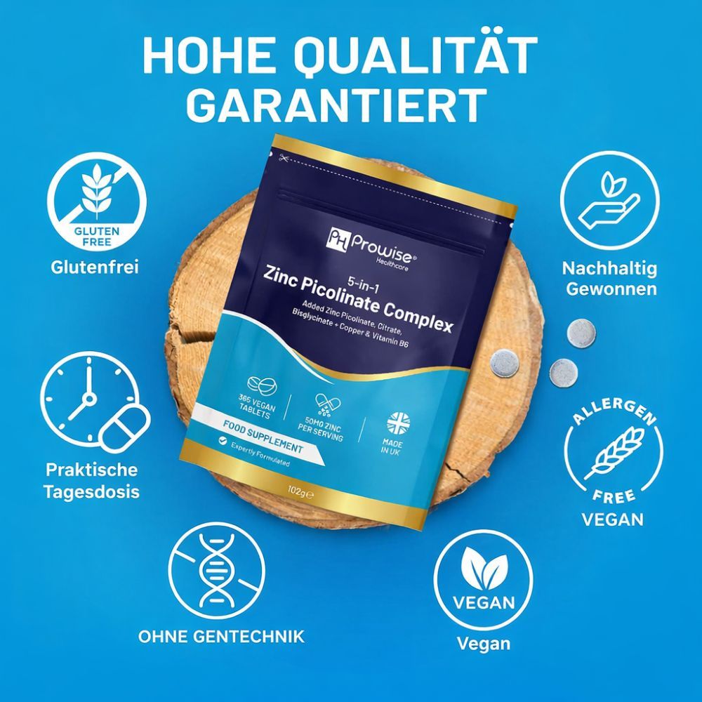 Prowise Healthcare 5-in-1 Zink Picolinate Complex auf Holz. Glutenfrei, vegan, ohne Gentechnik. Enthält 365 Tabletten, 50mg Zink pro Portion.