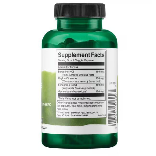 Rückseite der grünen Flasche. Aufschrift: Supplement Facts. Inhaltsstoffe: Berberin, Zimt, Bockshornklee, Gymnema. Barcode.