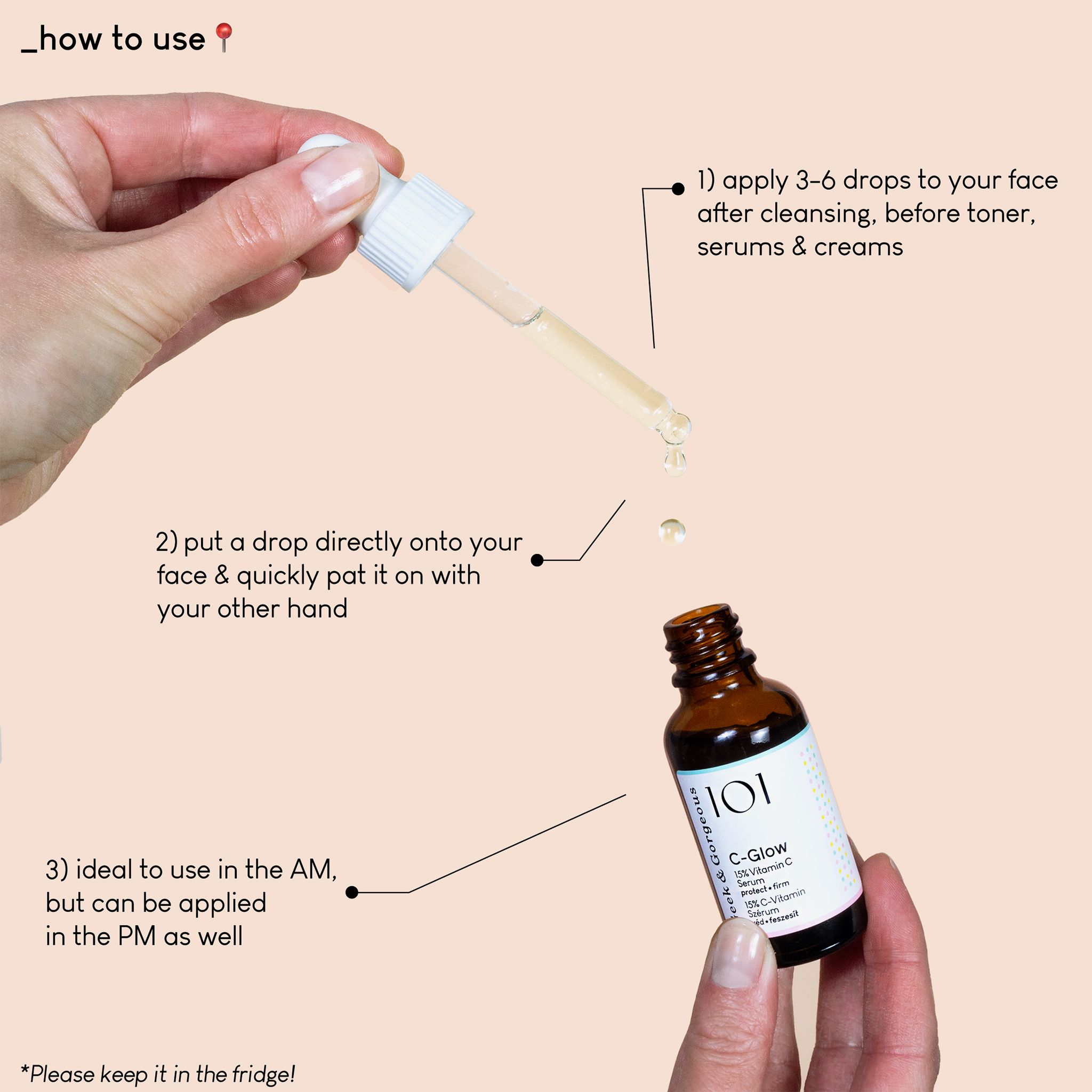 Hand hält Flasche und Pipette. Auf dem Etikett steht "C-Glow" und "15% Vitamin C Serum".
