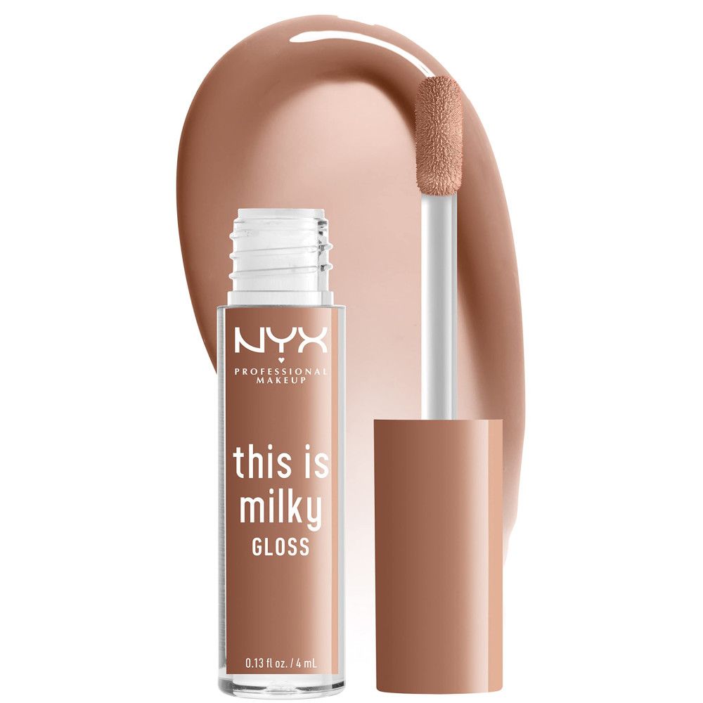 Lipgloss-Fläschchen mit Applikator und Produktprobe. Helle, braune Farbe. Aufschrift: "this is milky GLOSS". Marke: NYX.
