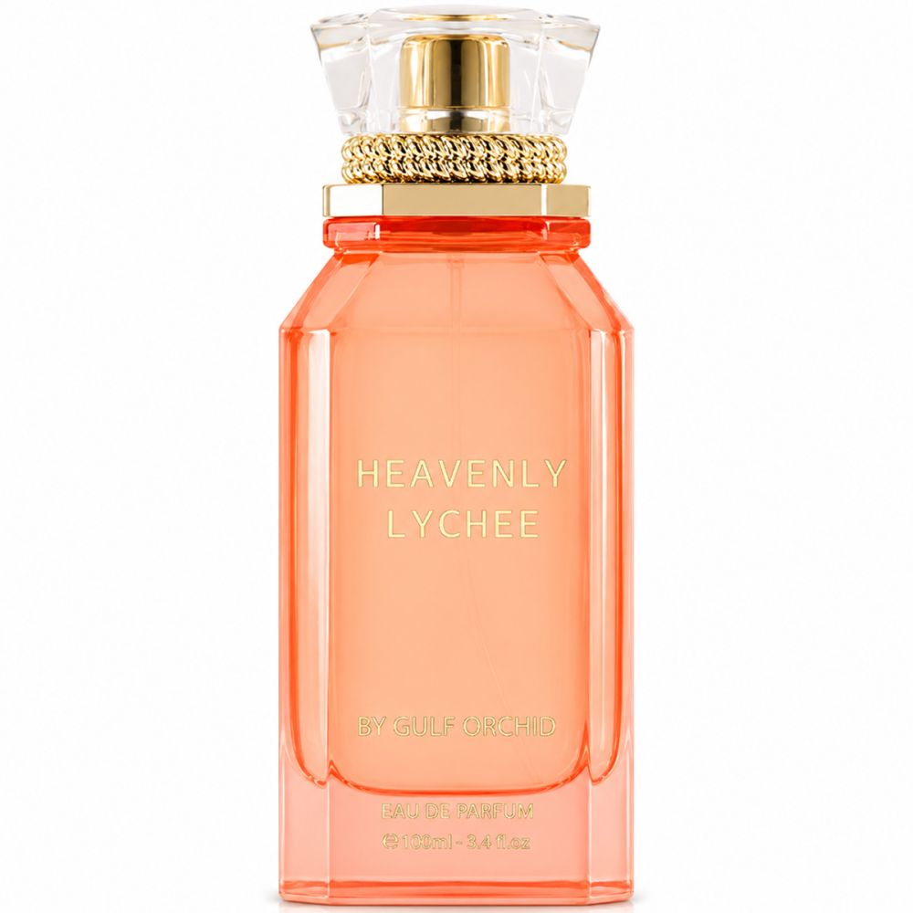Orangefarbene Glasflasche mit goldenem Verschluss und Etikett "Heavenly Lychee".