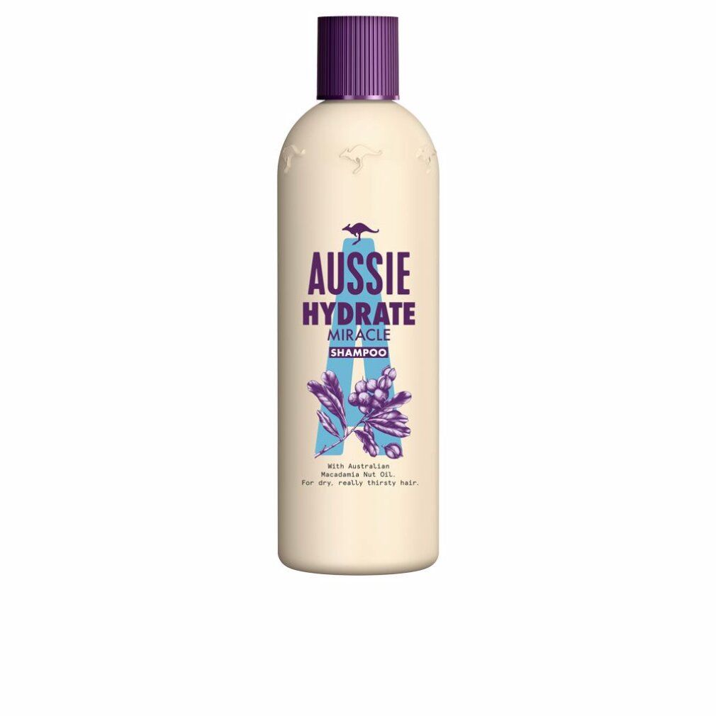 Beige Shampoo-Flasche mit lila Deckel. Aufschrift: Aussie Hydrate Miracle Shampoo. Mit australischem Macadamia-Nussöl.