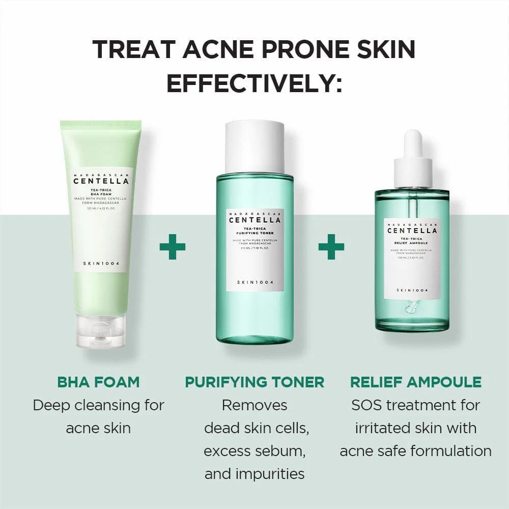 Drei Produkte nebeneinander: BHA FOAM, PURIFYING TONER, RELIEF AMPULE. Text: CENTELLA, SKIN1004. Produkte für Akne-Haut.